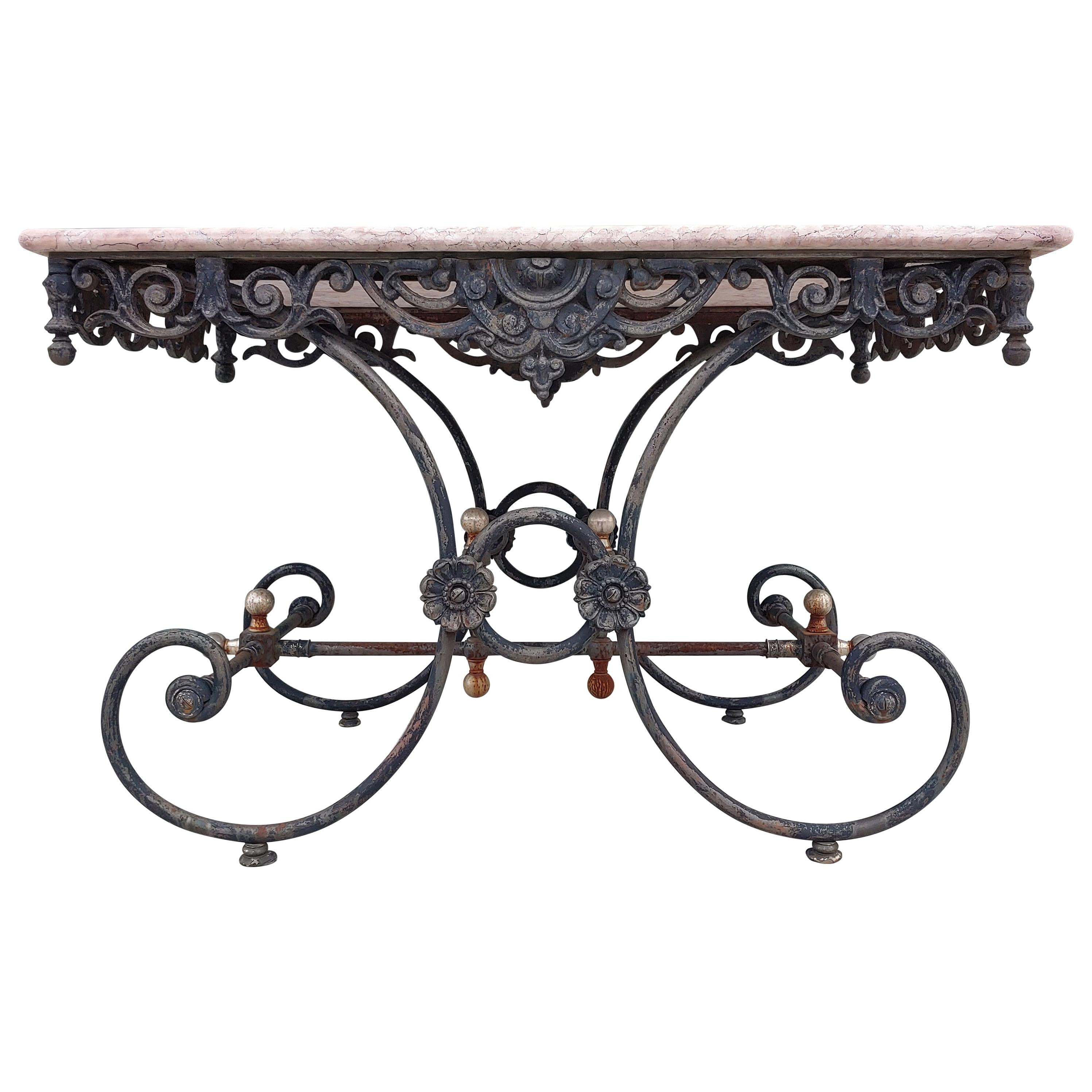Antique French Style Bistro Patio Wrought Iron and Pink Stone Table