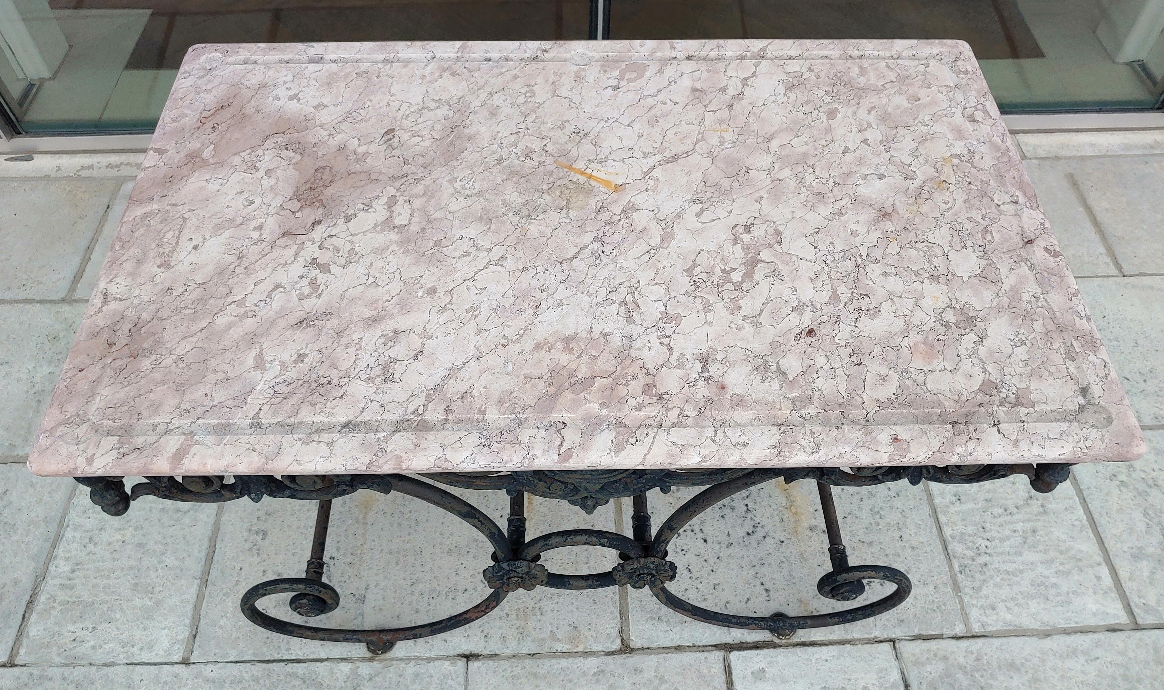 Antique French Style Bistro Patio Wrought Iron and Pink Stone Table In Good Condition In Keego Harbor, MI