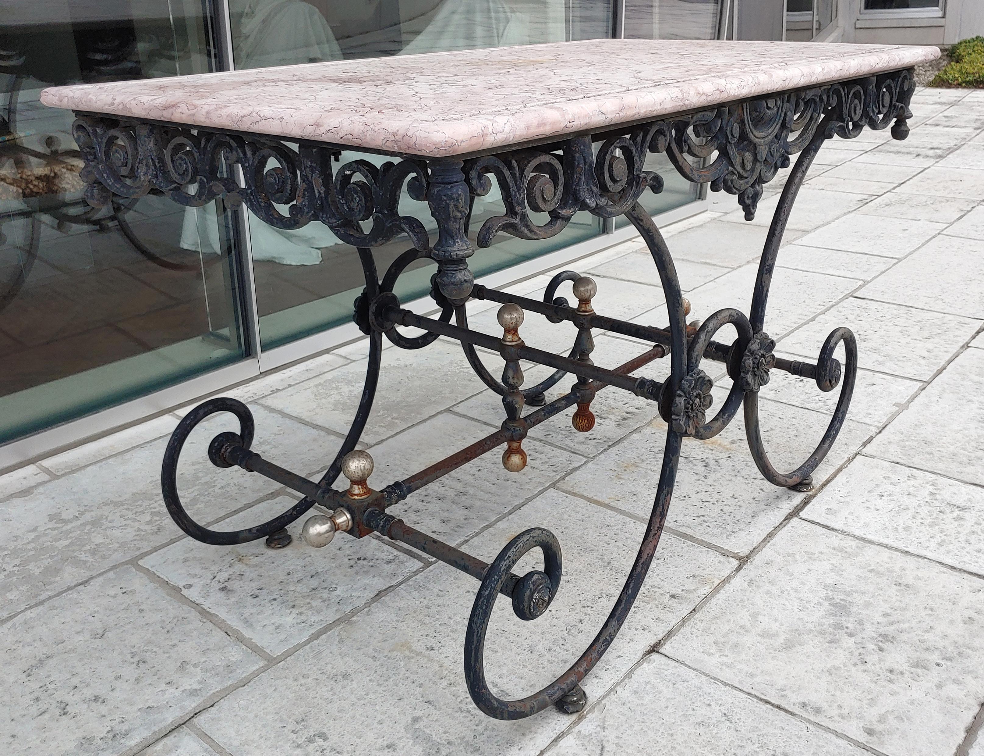 Antique French Style Bistro Patio Wrought Iron and Pink Stone Table 3