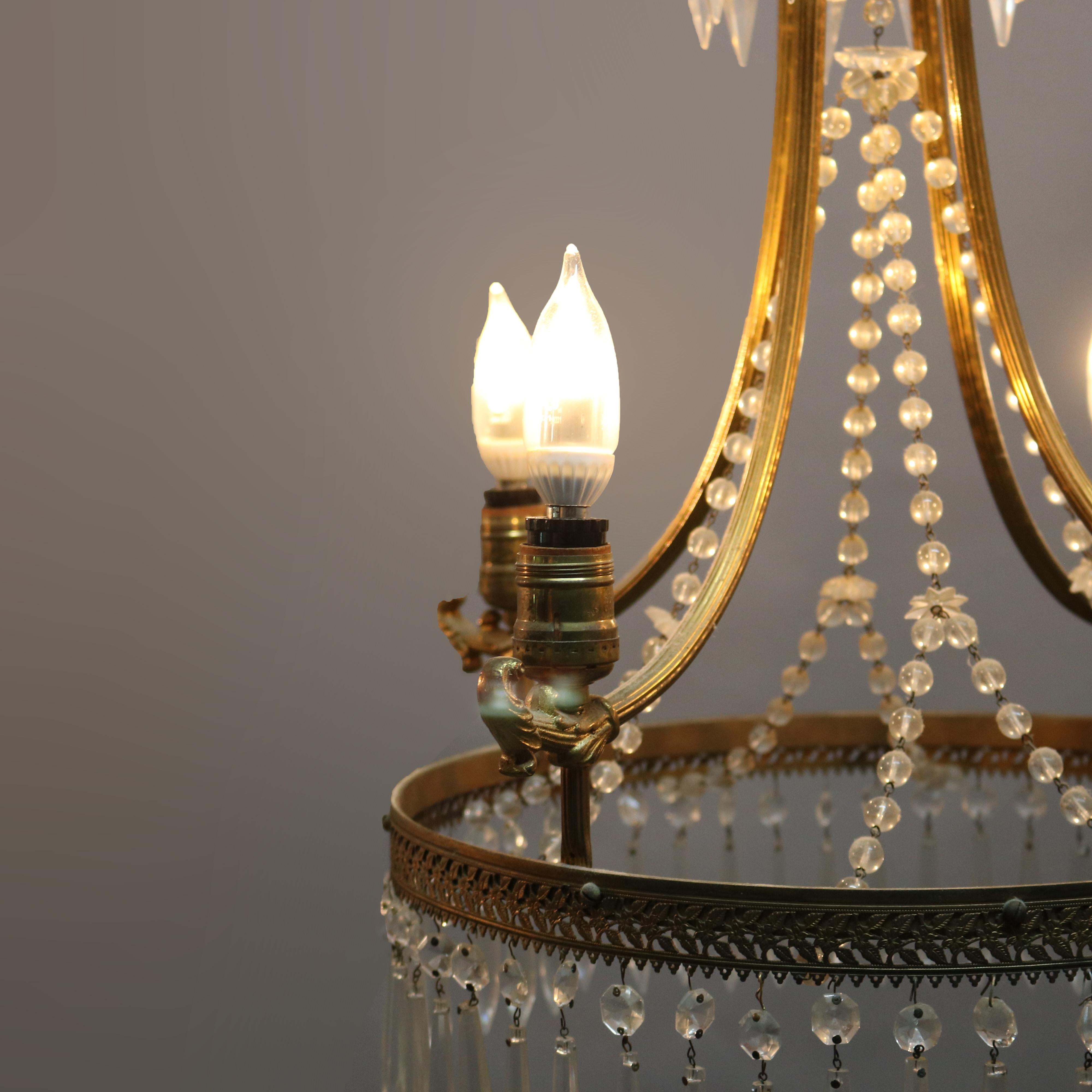 Cast Antique French Style Bronzed Four-Light Chandelier with Draped Crystals, c1920 For Sale