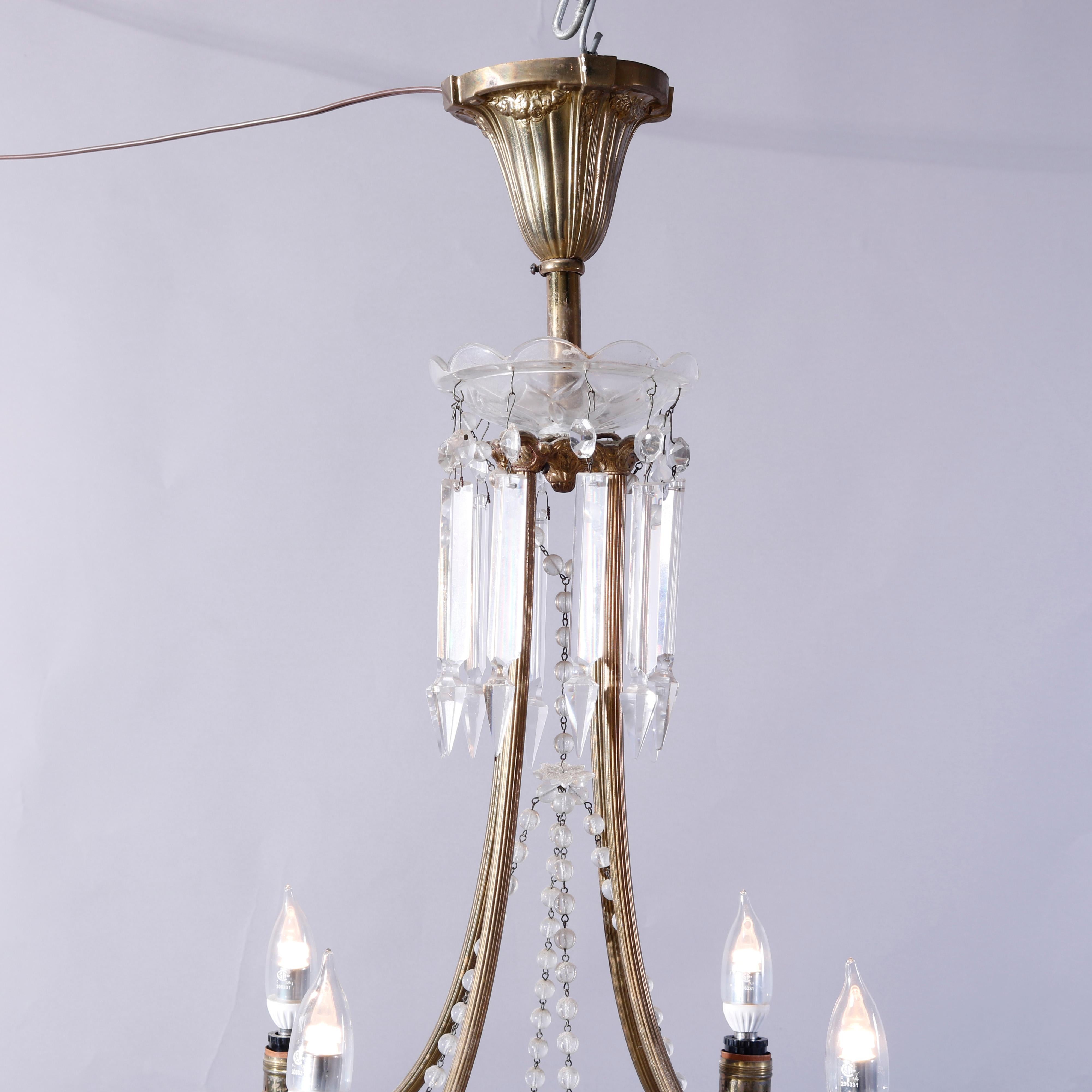 20th Century Antique French Style Bronzed Four-Light Chandelier with Draped Crystals, c1920 For Sale