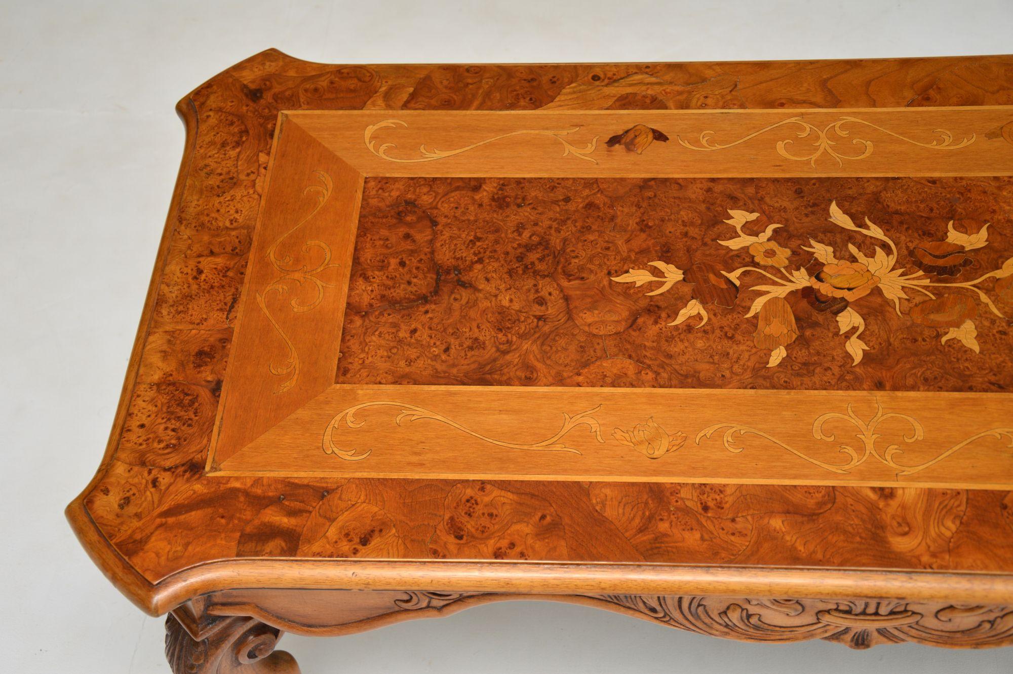 Louis XV Antique French Style Burr Walnut Inlaid Marquetry Coffee Table