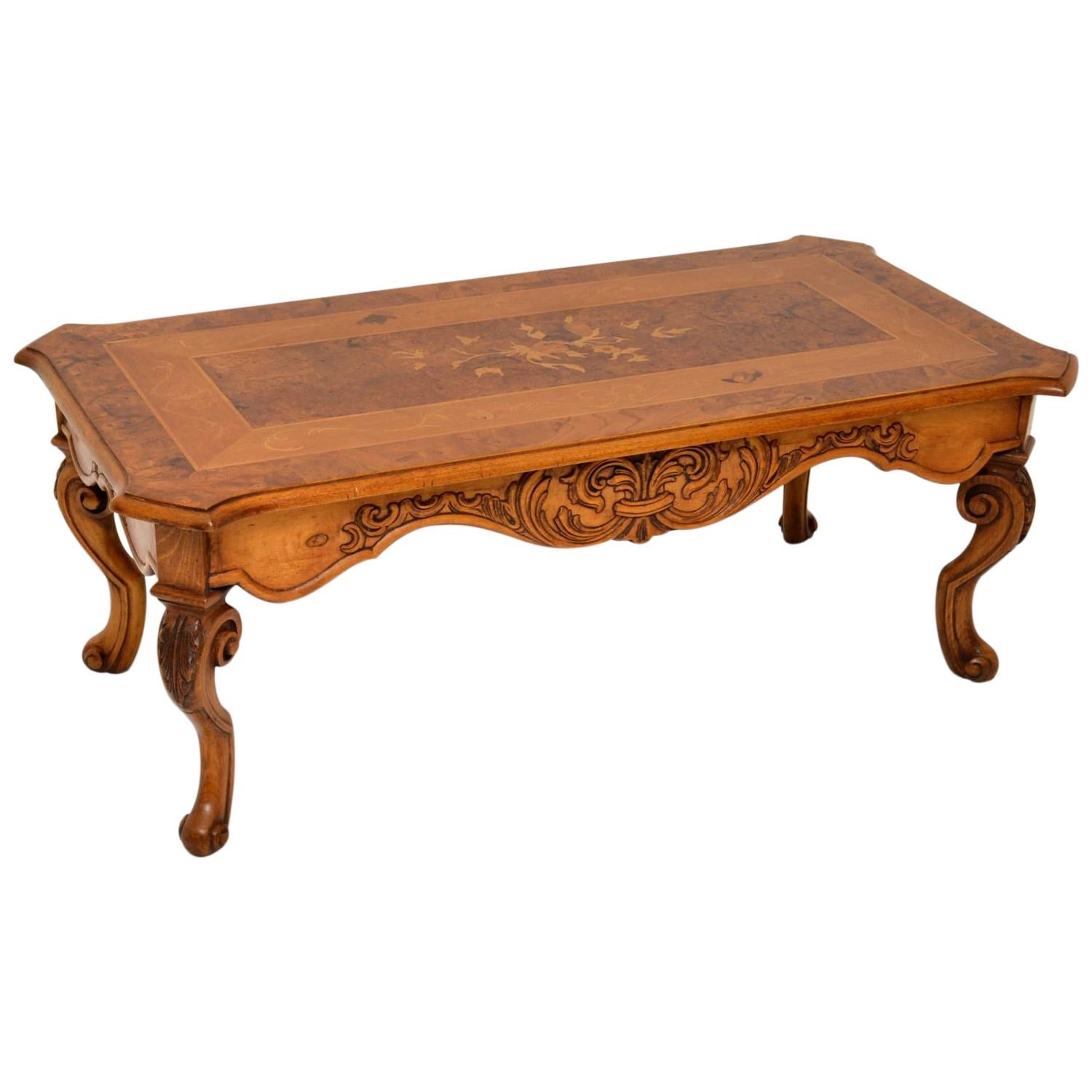 Antique French Style Burr Walnut Inlaid Marquetry Coffee Table