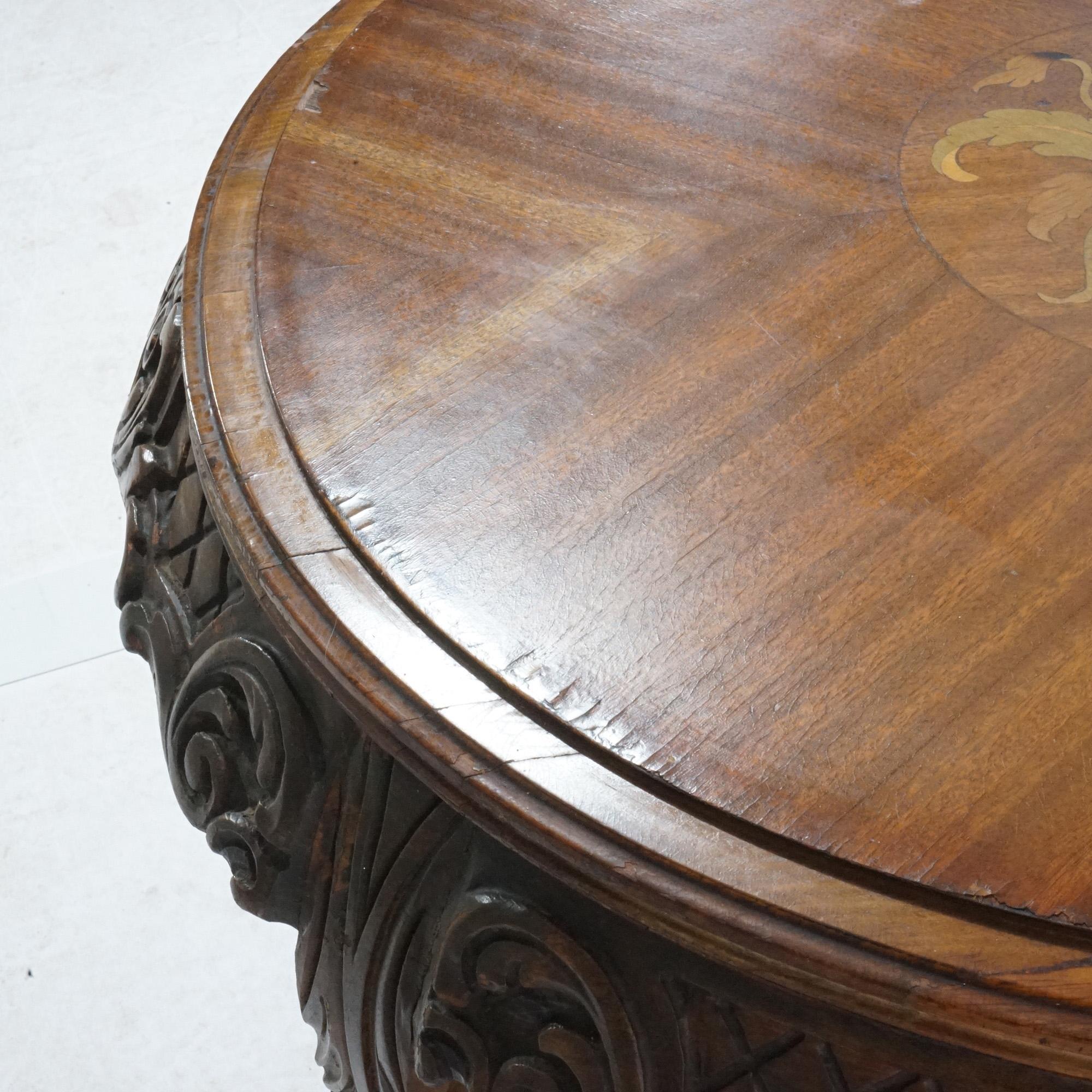 Antique French Style Carved Mahogany & Marquetry Inlay Tray Top Side Table C1920 For Sale 5