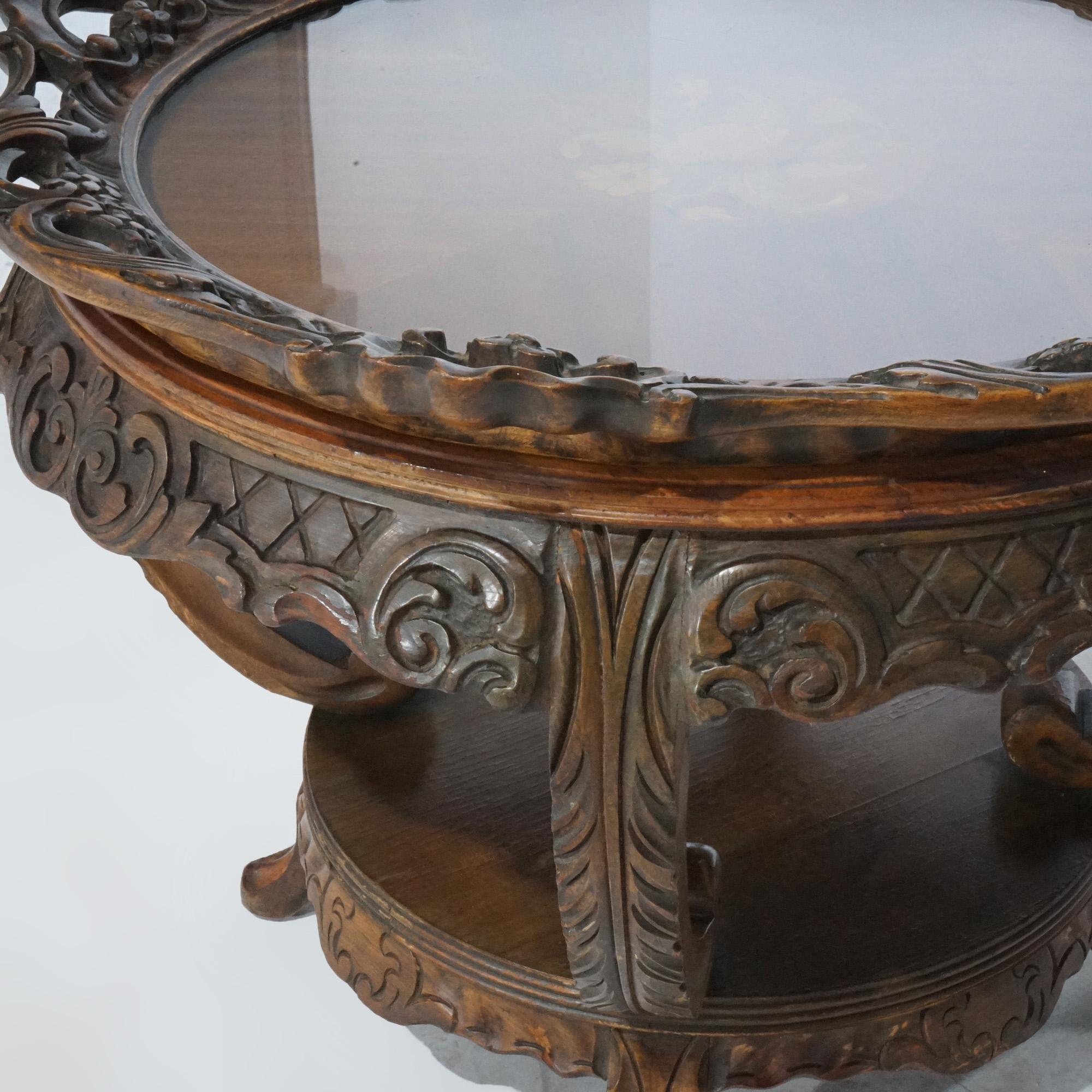 Antique French Style Carved Mahogany & Marquetry Inlay Tray Top Side Table C1920 For Sale 6