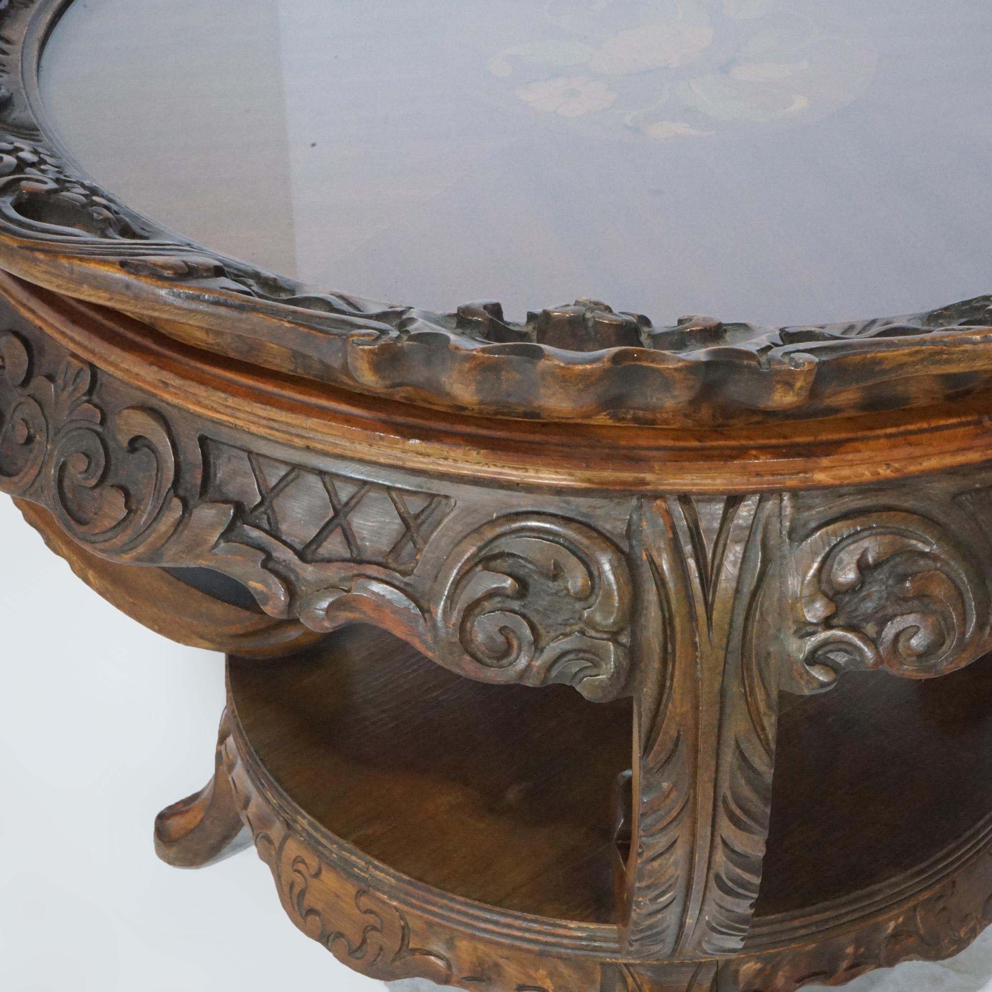 Ancienne table d'appoint de style français en acajou sculpté et marqueterie, avec plateau et plateau encastré, vers 1920 en vente 5