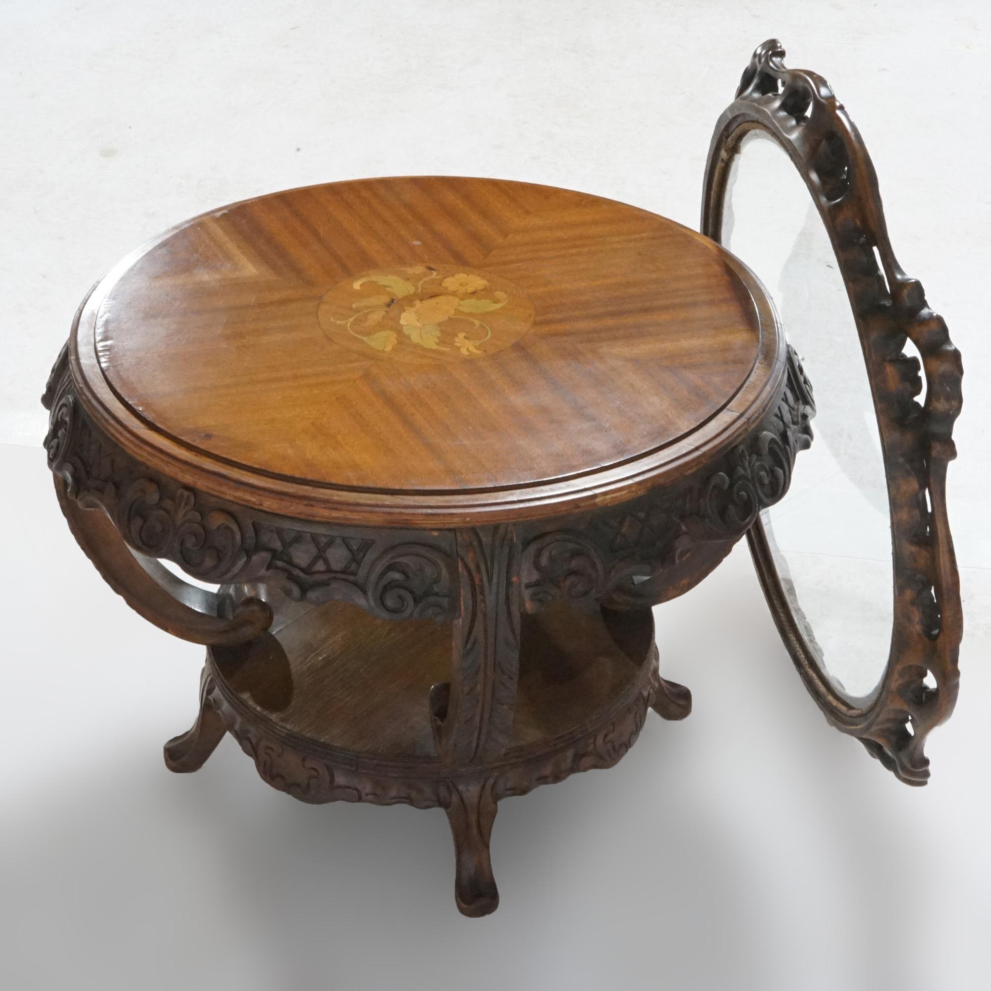 Antique French Style Carved Mahogany & Marquetry Inlay Tray Top Side Table C1920 In Good Condition For Sale In Big Flats, NY