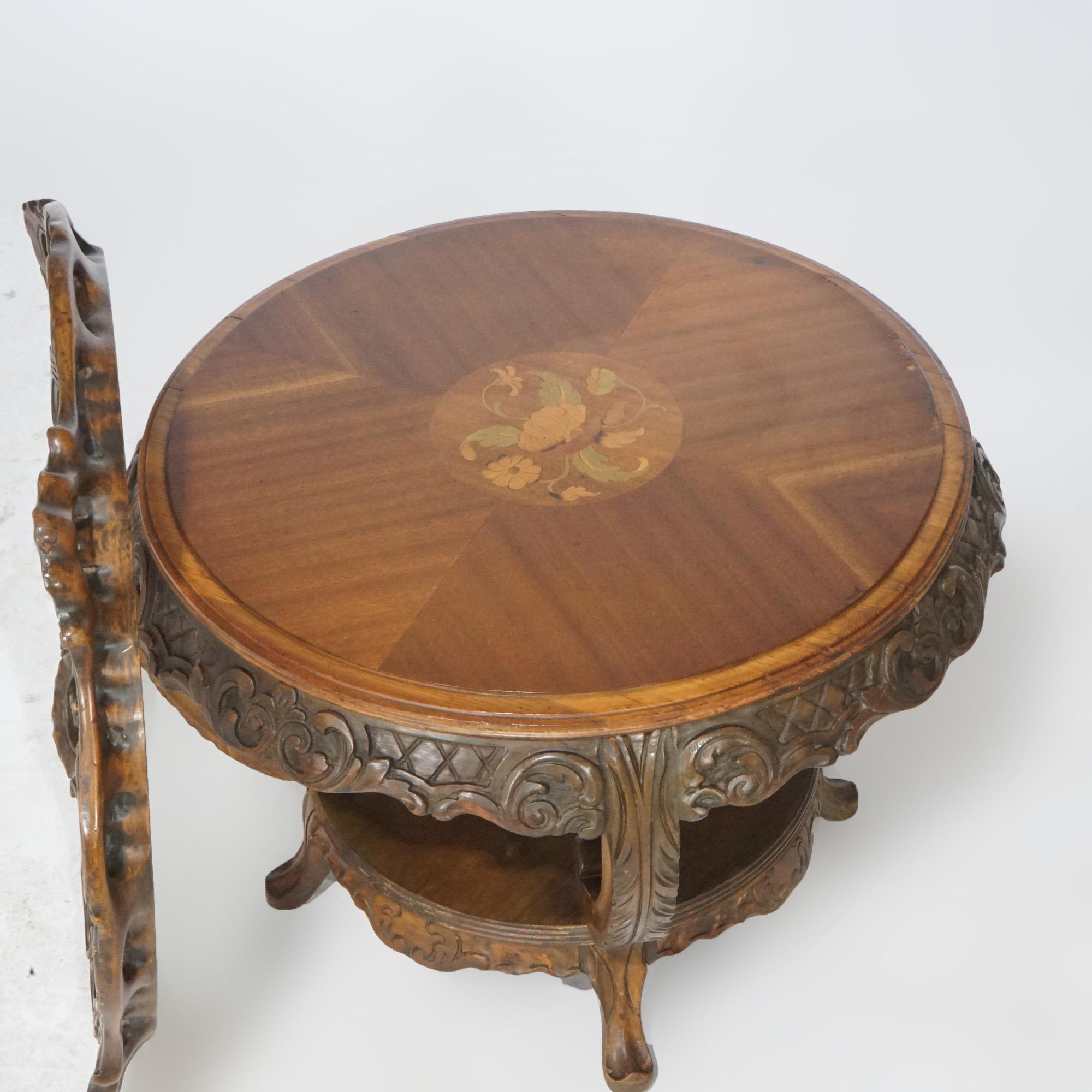 20th Century Antique French Style Carved Mahogany & Marquetry Inlay Tray Top Side Table C1920