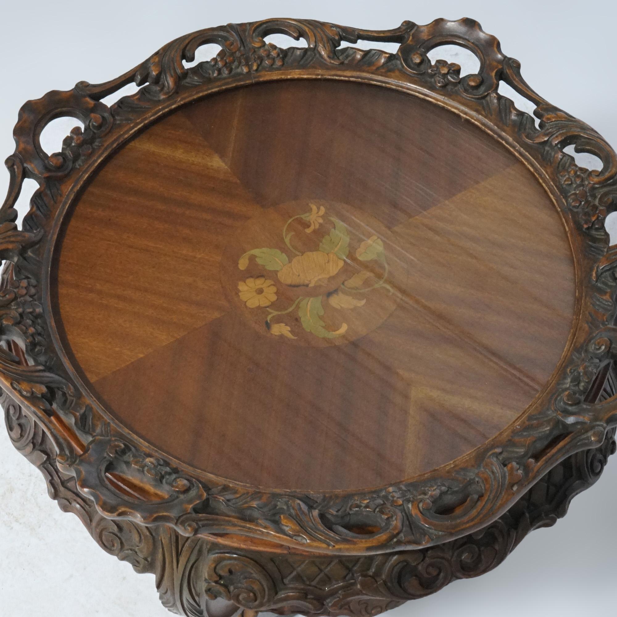 Antique French Style Carved Mahogany & Marquetry Inlay Tray Top Side Table C1920 For Sale 1