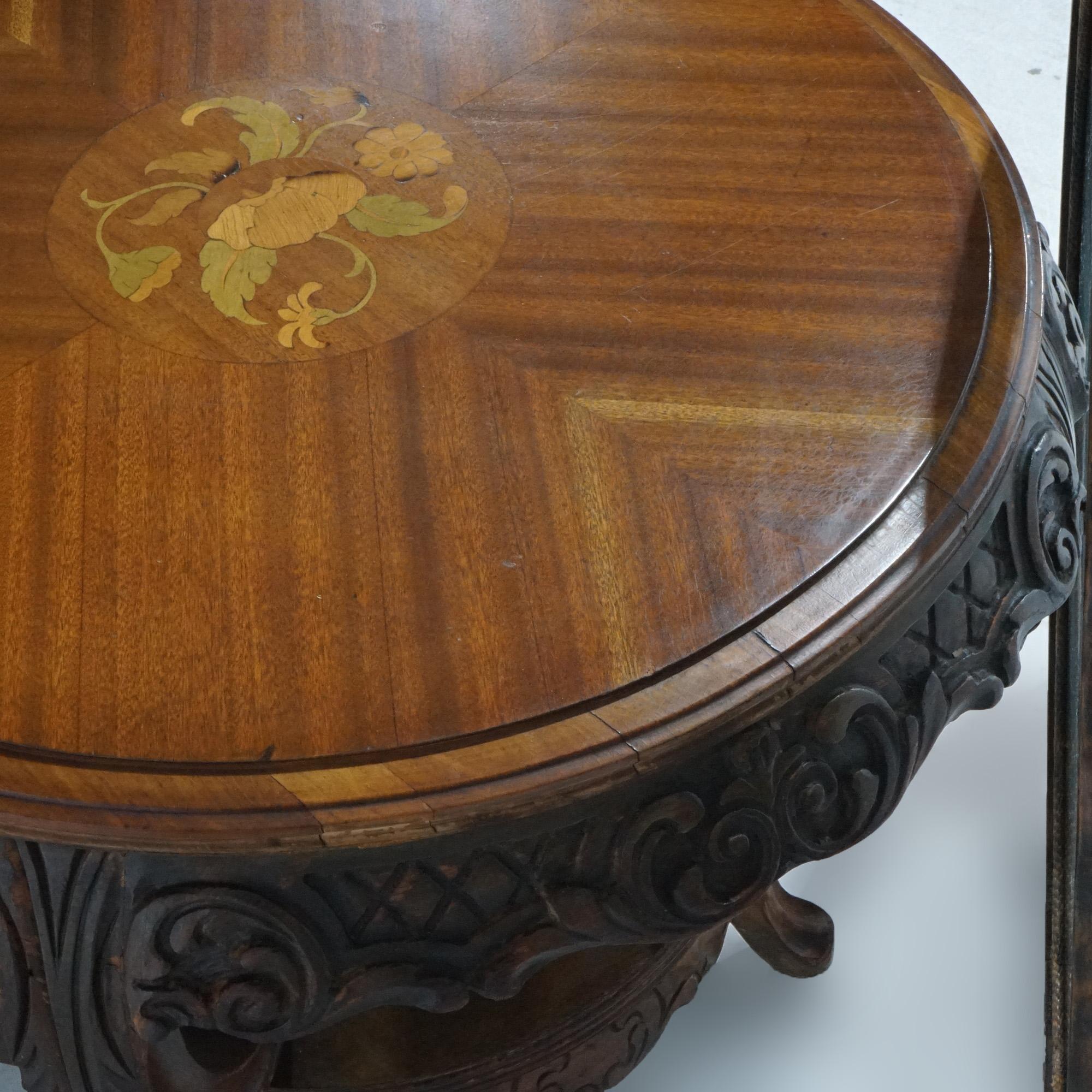 Antique French Style Carved Mahogany & Marquetry Inlay Tray Top Side Table C1920 For Sale 3