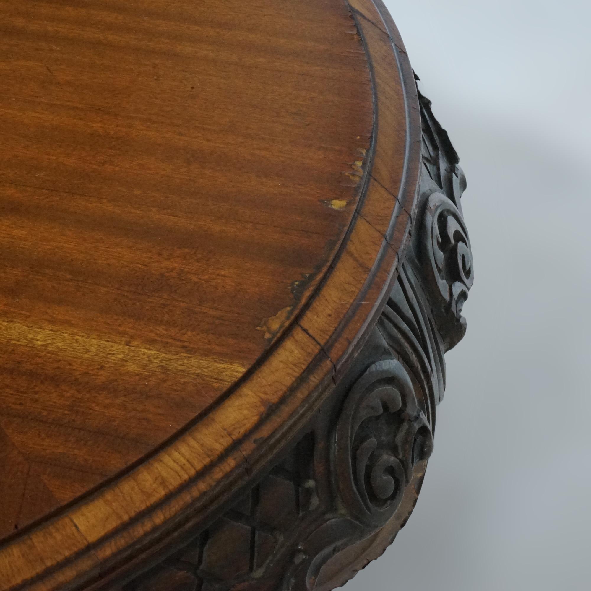 Antique French Style Carved Mahogany & Marquetry Inlay Tray Top Side Table C1920 For Sale 4