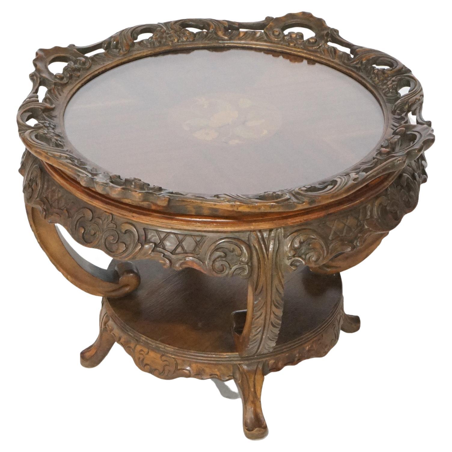 Antique French Style Carved Mahogany & Marquetry Inlay Tray Top Side Table C1920 For Sale