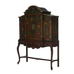 Antique French Style Carved Mahogany Polychromed Chinoiserie Decorated
