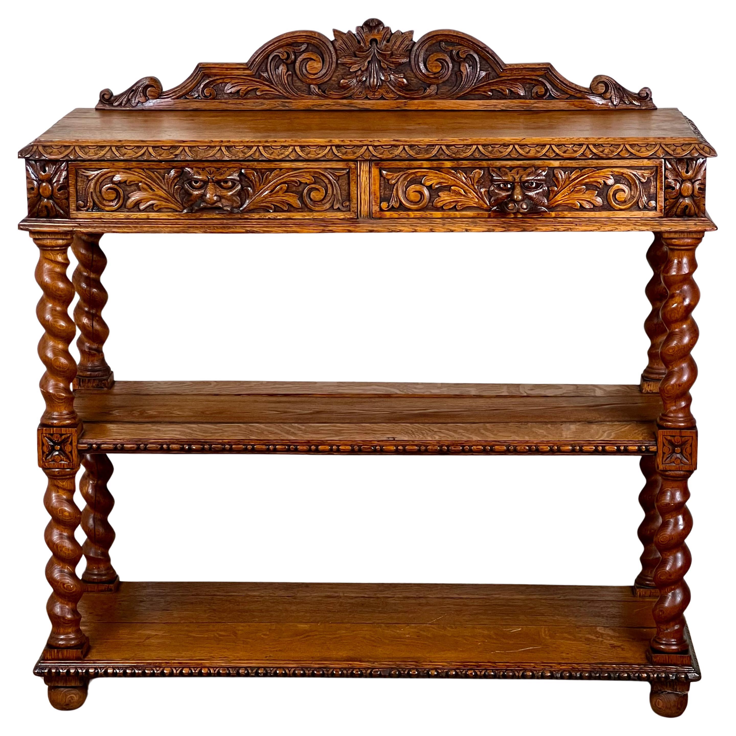 Antique French Style Carved Oak Green Man Dessert Buffet c. Late 19th Century