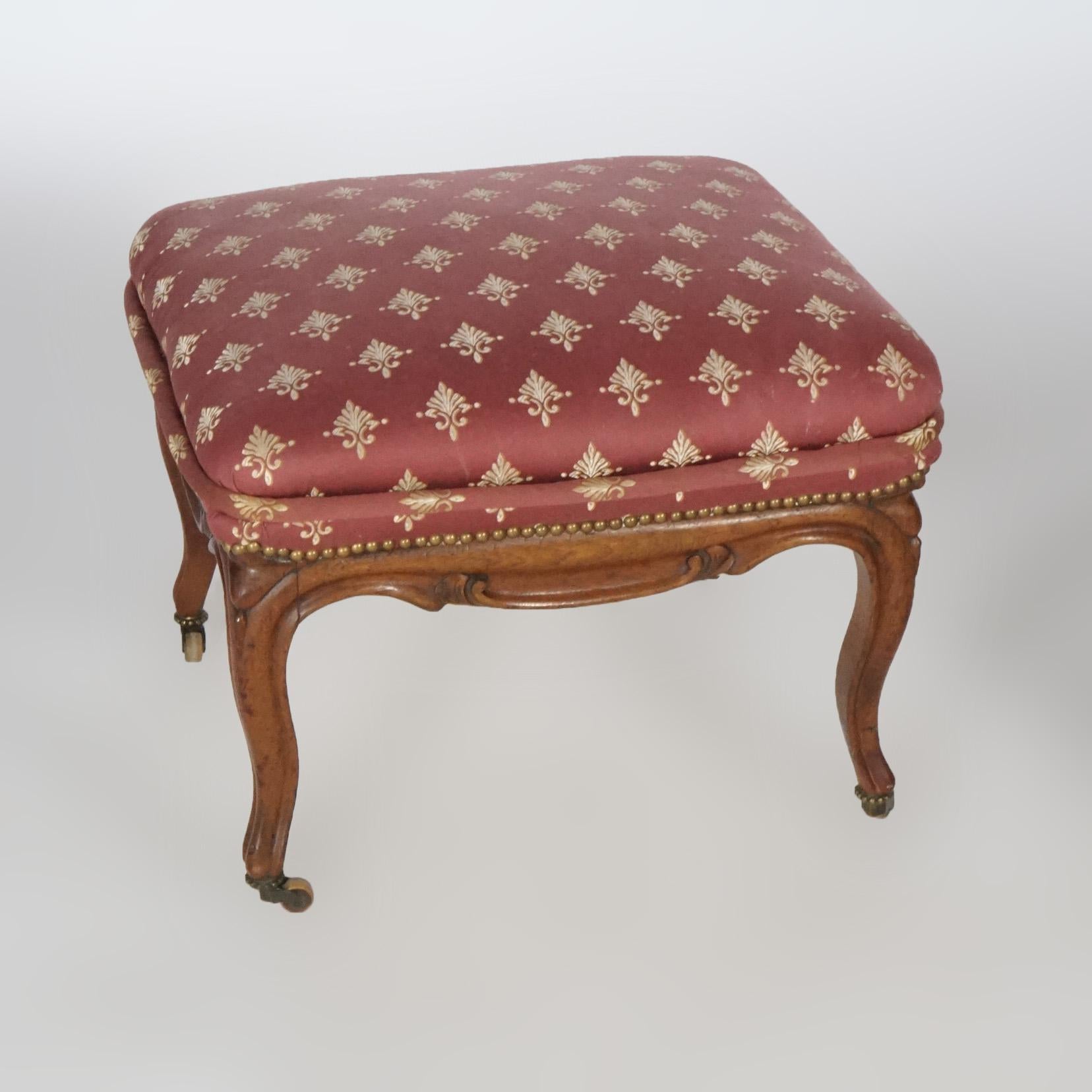 Antique French Style Carved Walnut & Upholstered Foot Stool, circa 1920 In Good Condition For Sale In Big Flats, NY
