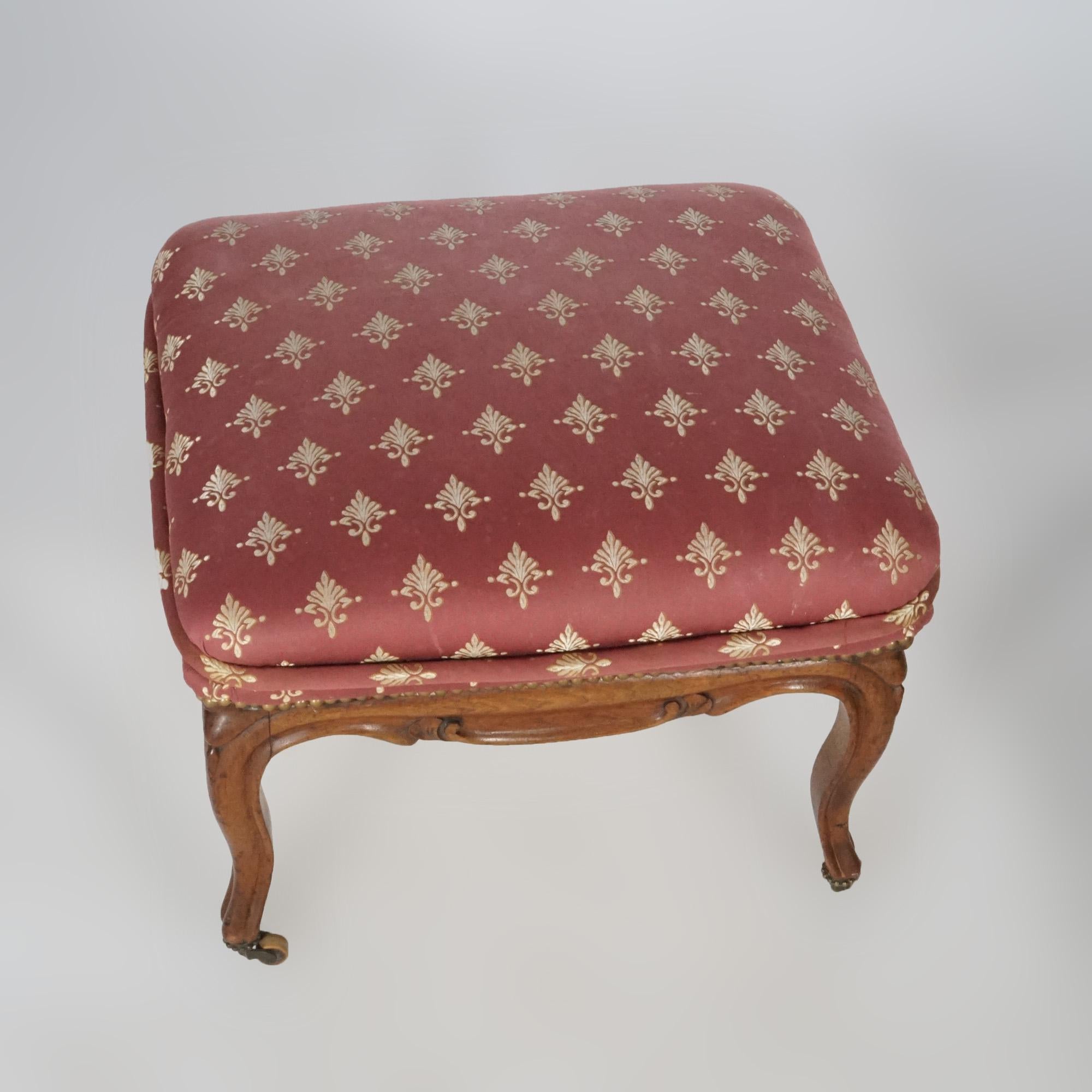20th Century Antique French Style Carved Walnut & Upholstered Foot Stool, circa 1920 For Sale