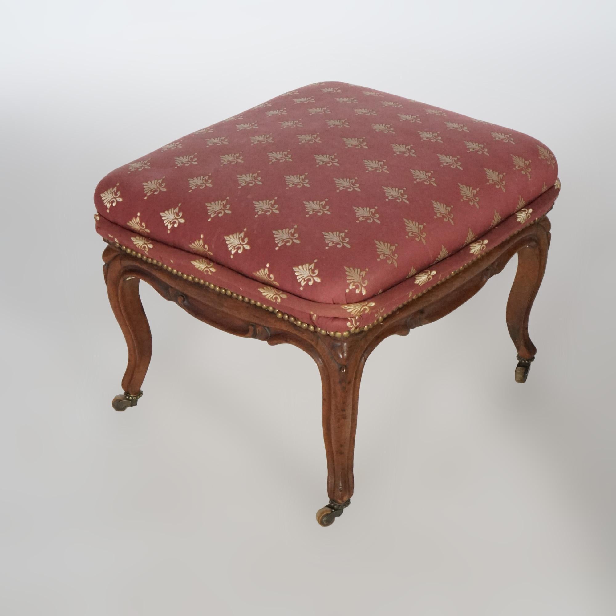 Antique French Style Carved Walnut & Upholstered Foot Stool, circa 1920 For Sale 1