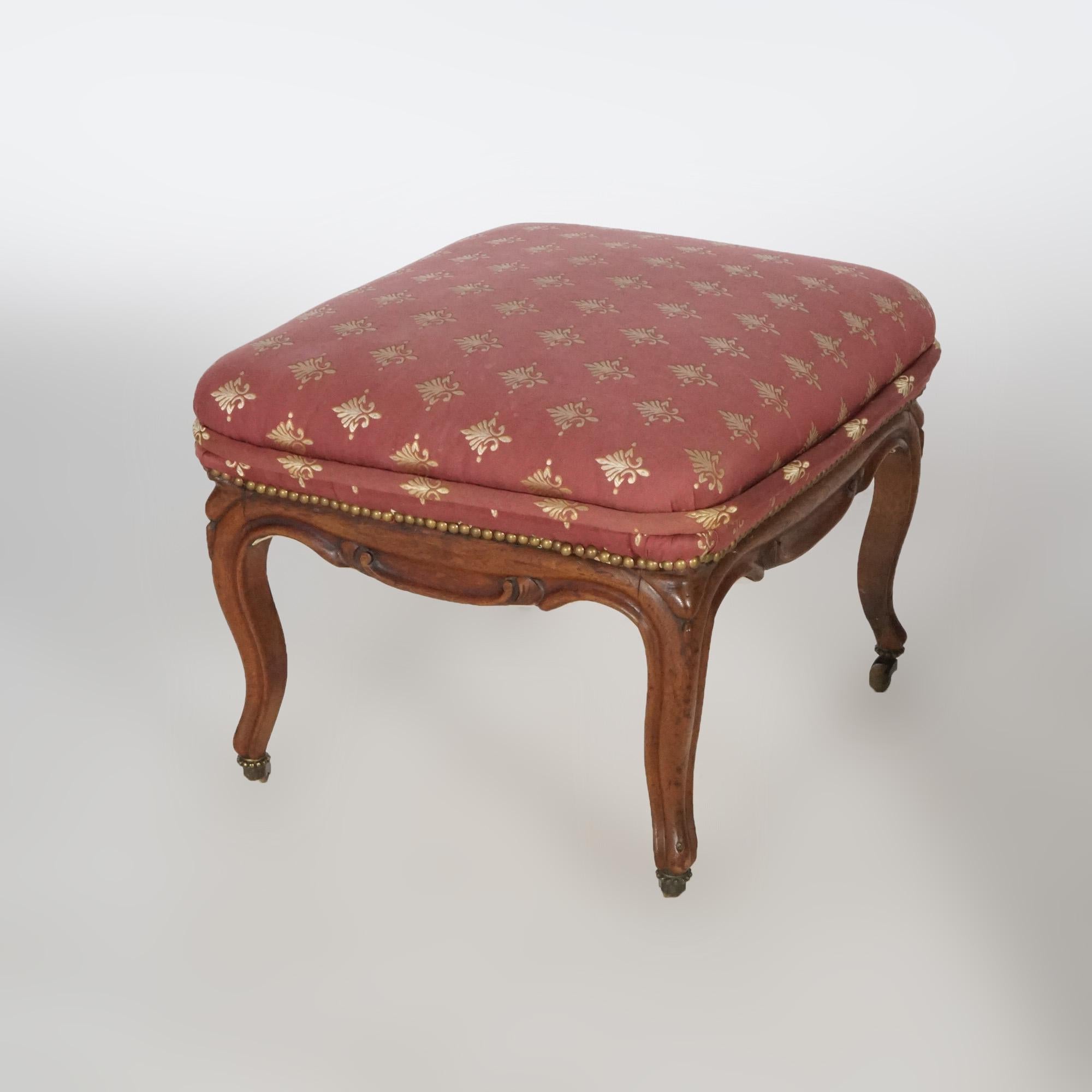 Antique French Style Carved Walnut & Upholstered Foot Stool, circa 1920 For Sale 2