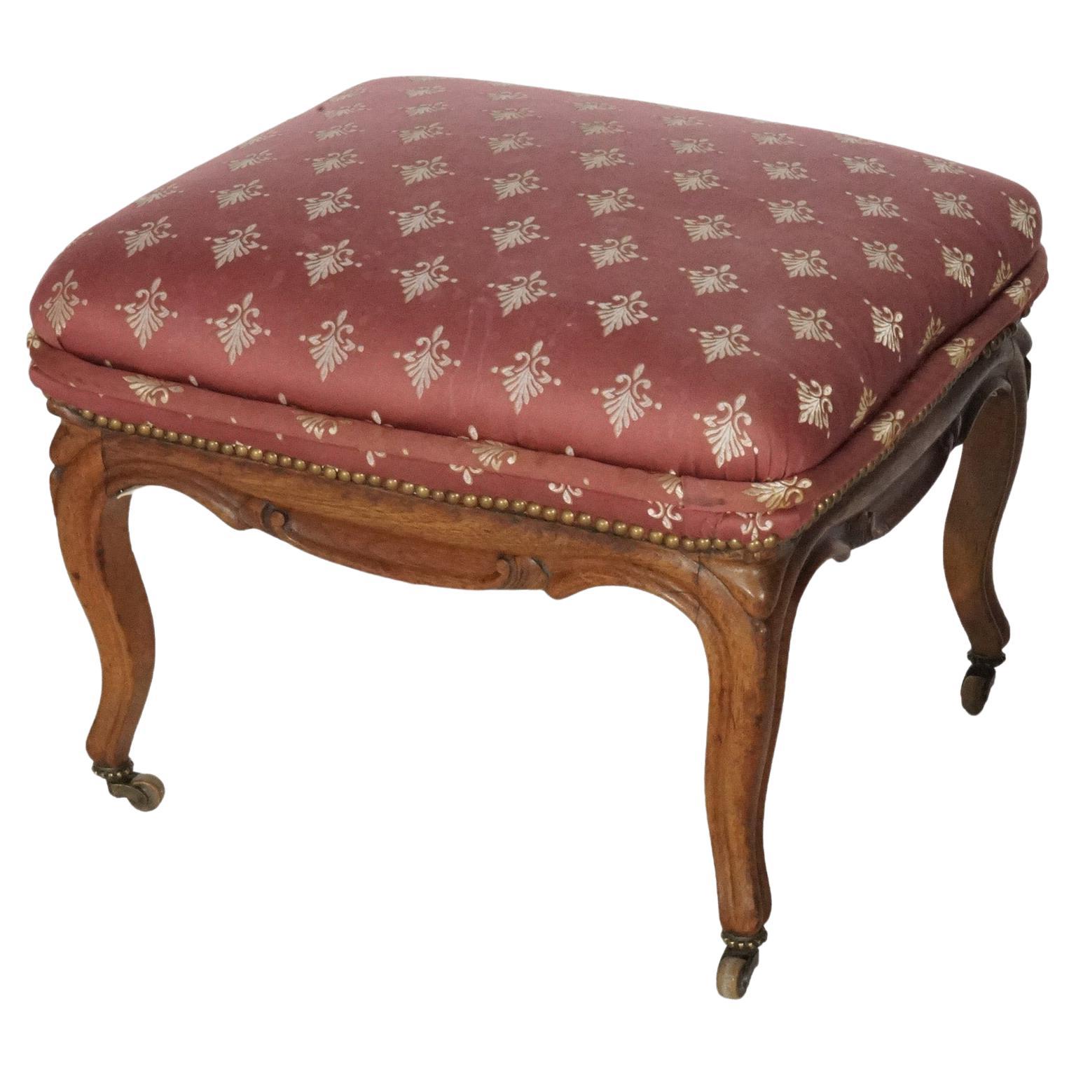 Antique French Style Carved Walnut & Upholstered Foot Stool, circa 1920 For Sale
