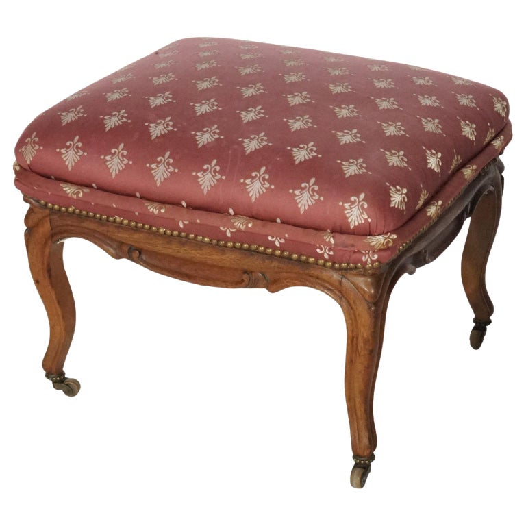 Hand Carved Antique Victorian Nutwood and Deeply Buttoned Green Velor Foot  Stool For Sale at 1stDibs