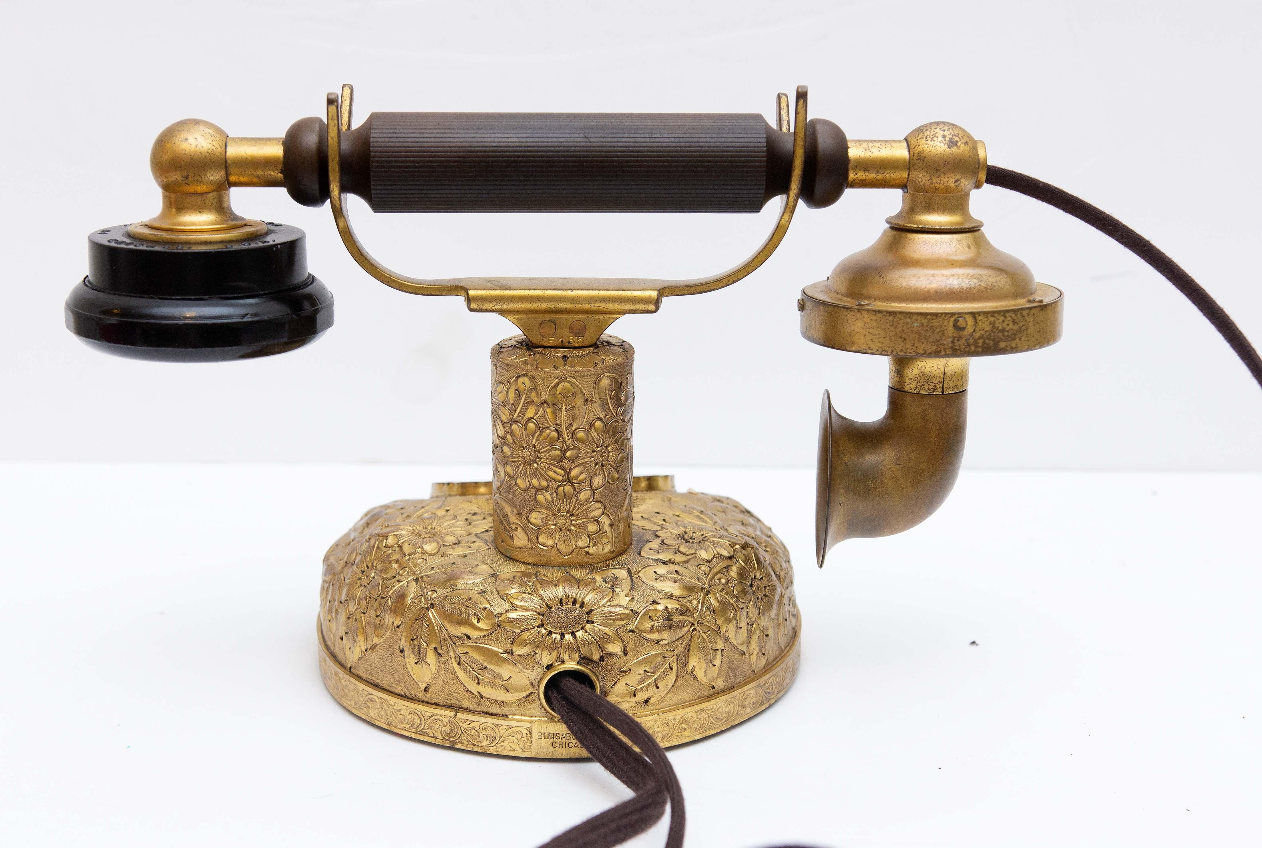 Antique French Style  Chased Repoussé Gilt Telephone with Carved Jade Inset In Good Condition For Sale In Rochester, NY