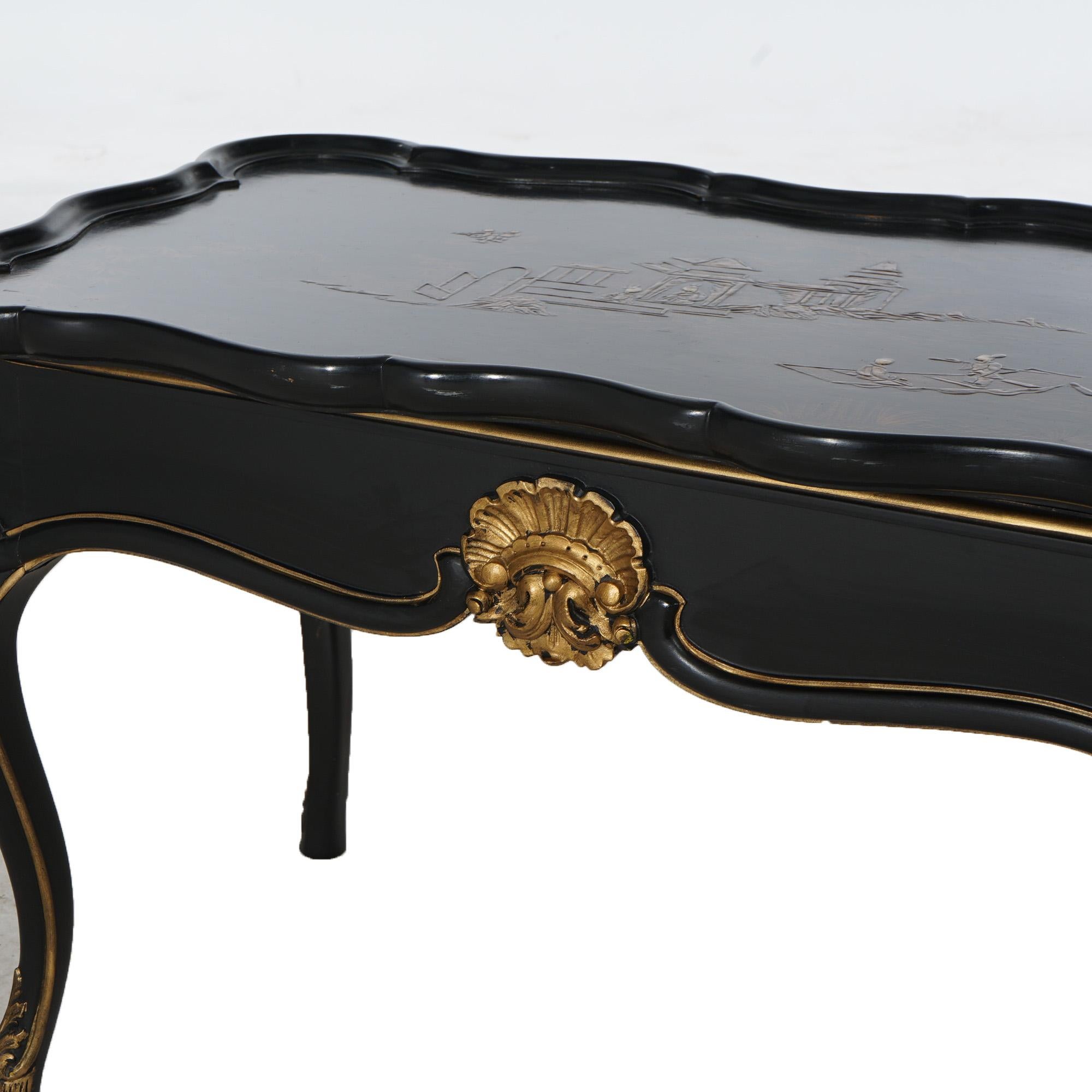  Antique French Style Chinoiserie Gilt Decorated Ebonized Low Tea Table C1930 5