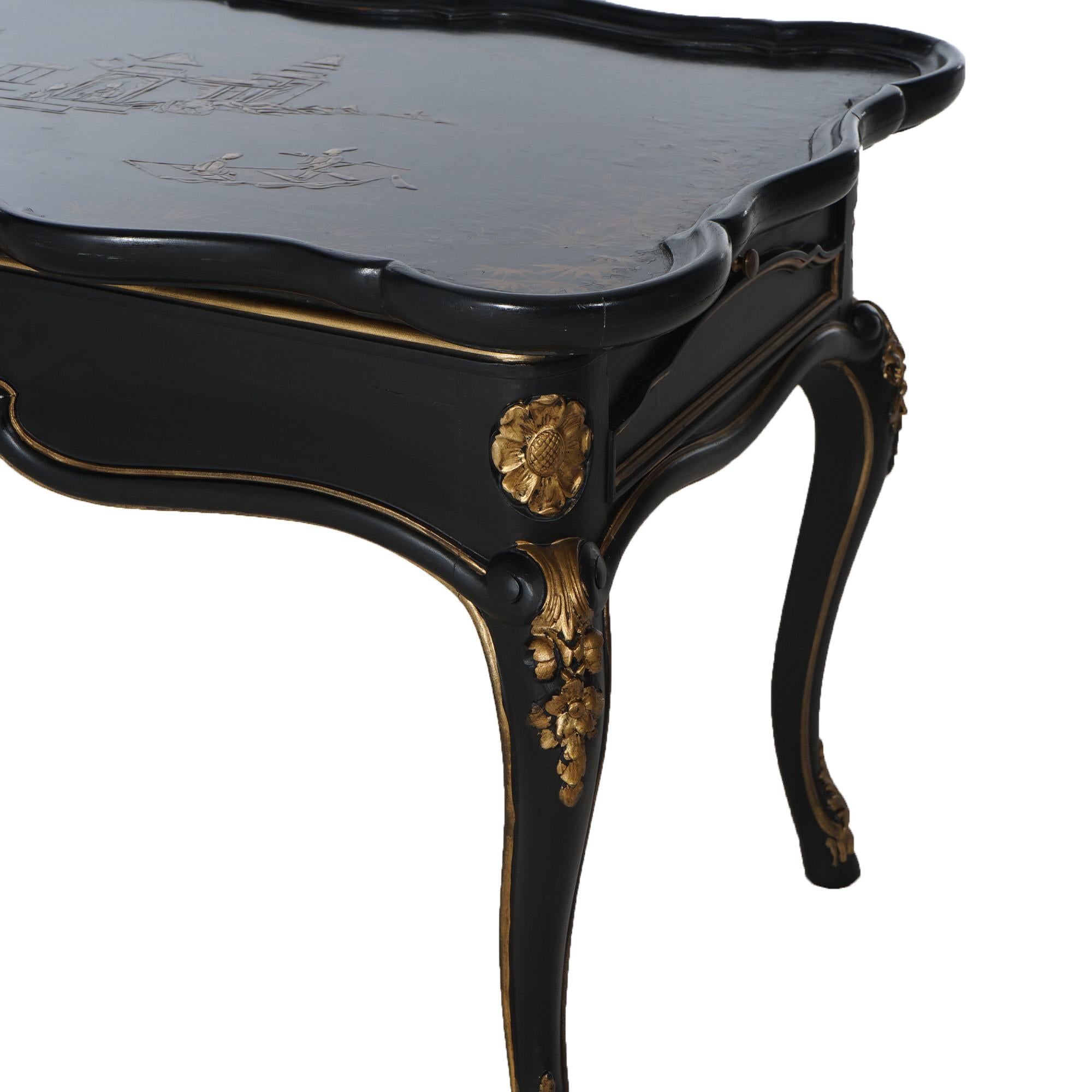  Antique French Style Chinoiserie Gilt Decorated Ebonized Low Tea Table C1930 6