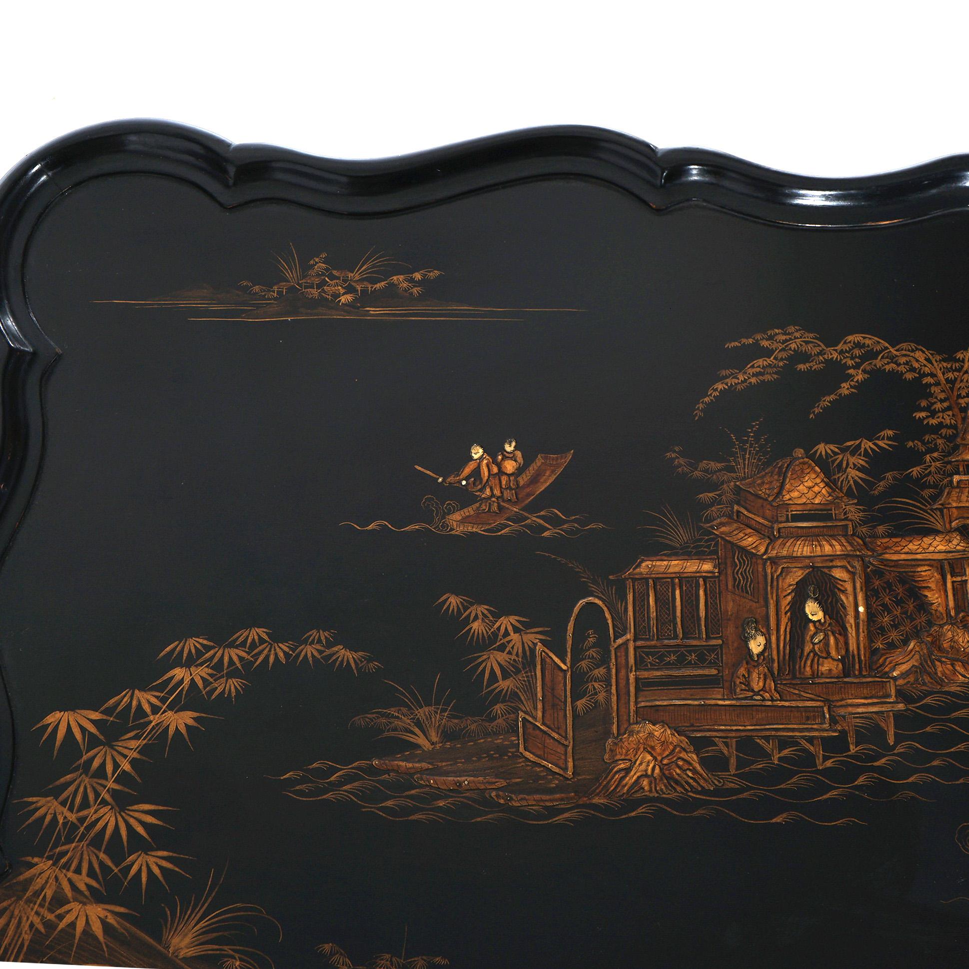 Antique French Style Chinoiserie Gilt Decorated Ebonized Low Tea Table C1930 8