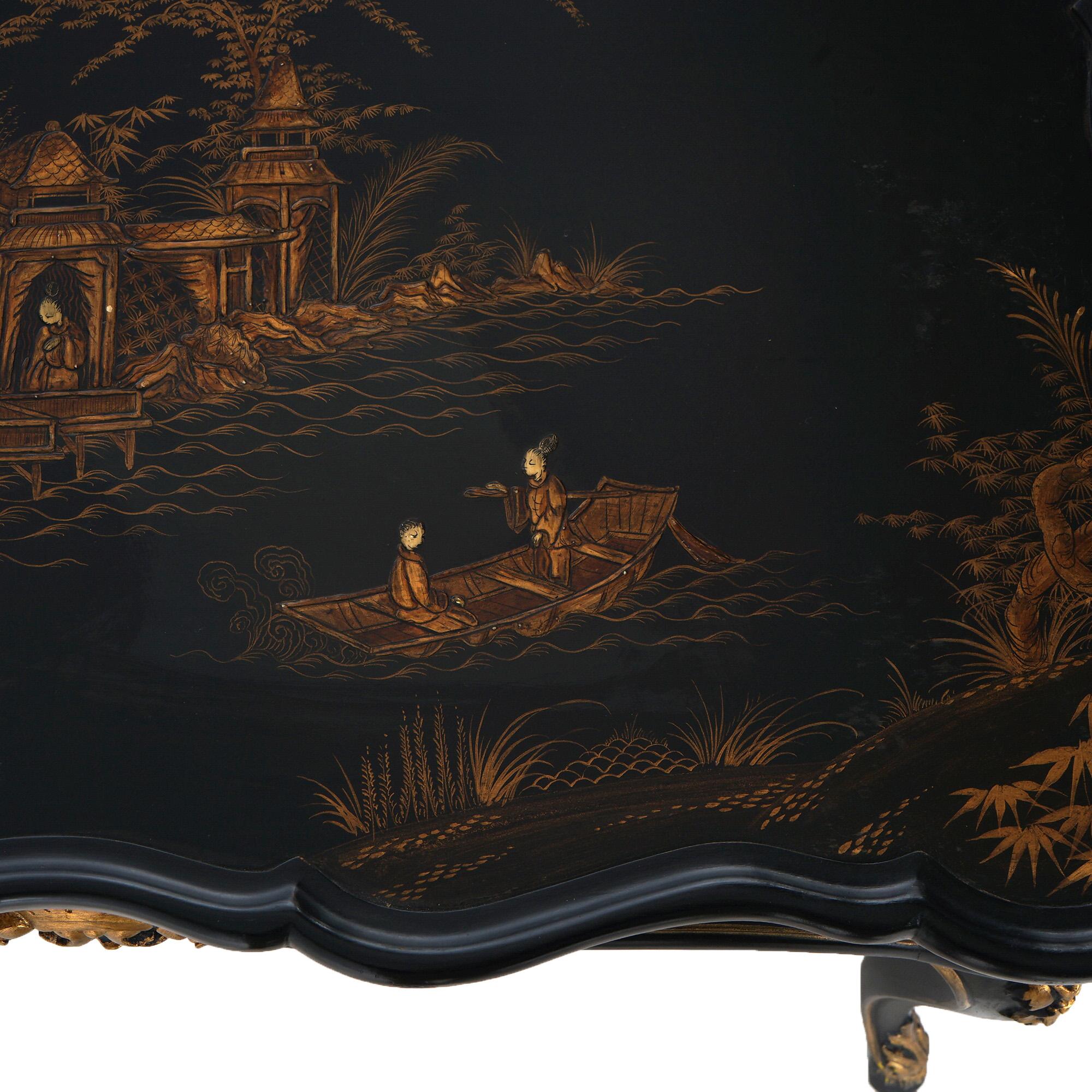  Antique French Style Chinoiserie Gilt Decorated Ebonized Low Tea Table C1930 9