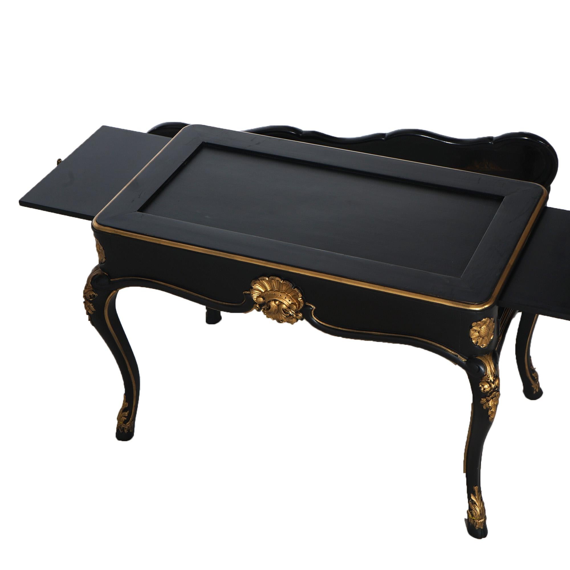  Antique French Style Chinoiserie Gilt Decorated Ebonized Low Tea Table C1930 In Good Condition In Big Flats, NY