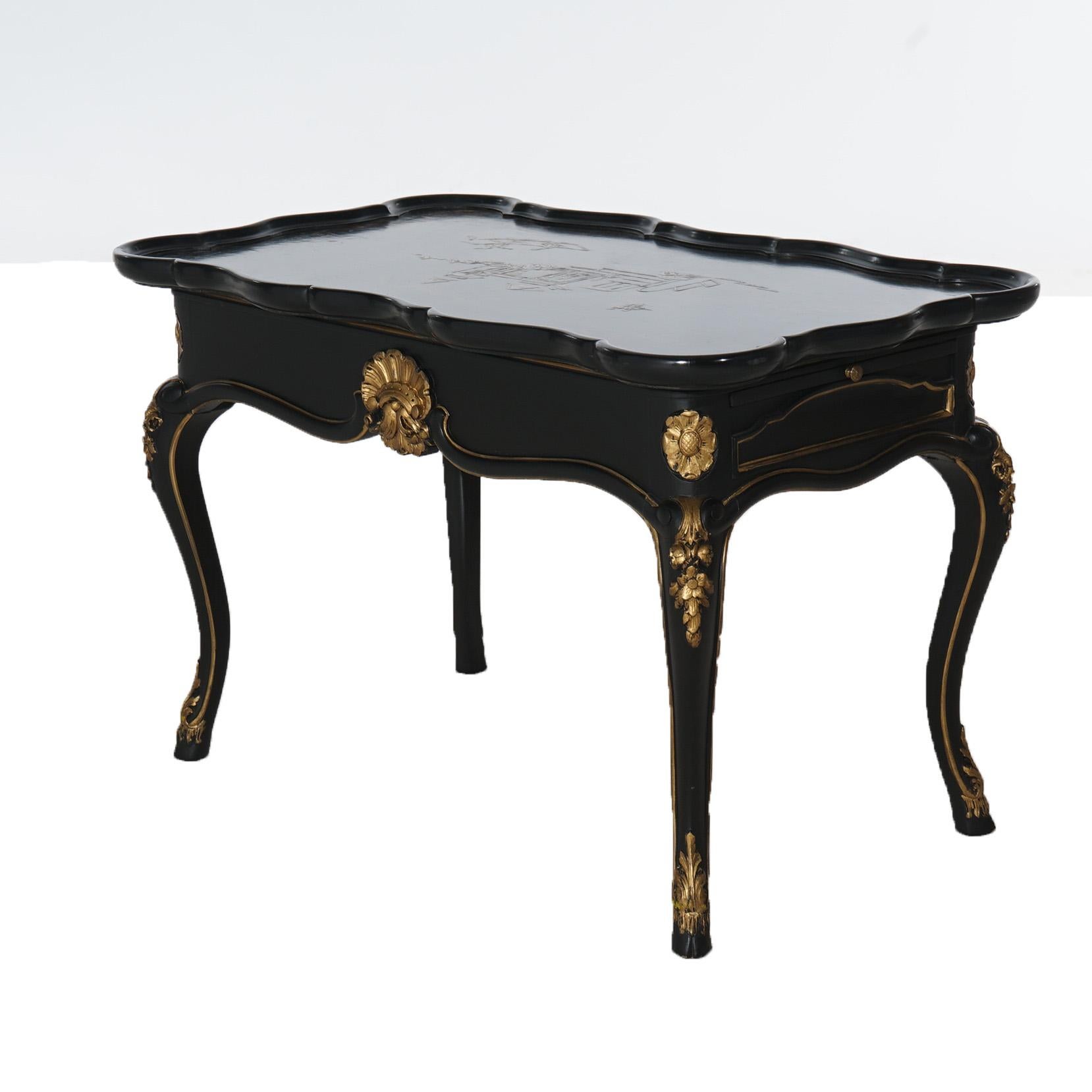 20th Century  Antique French Style Chinoiserie Gilt Decorated Ebonized Low Tea Table C1930