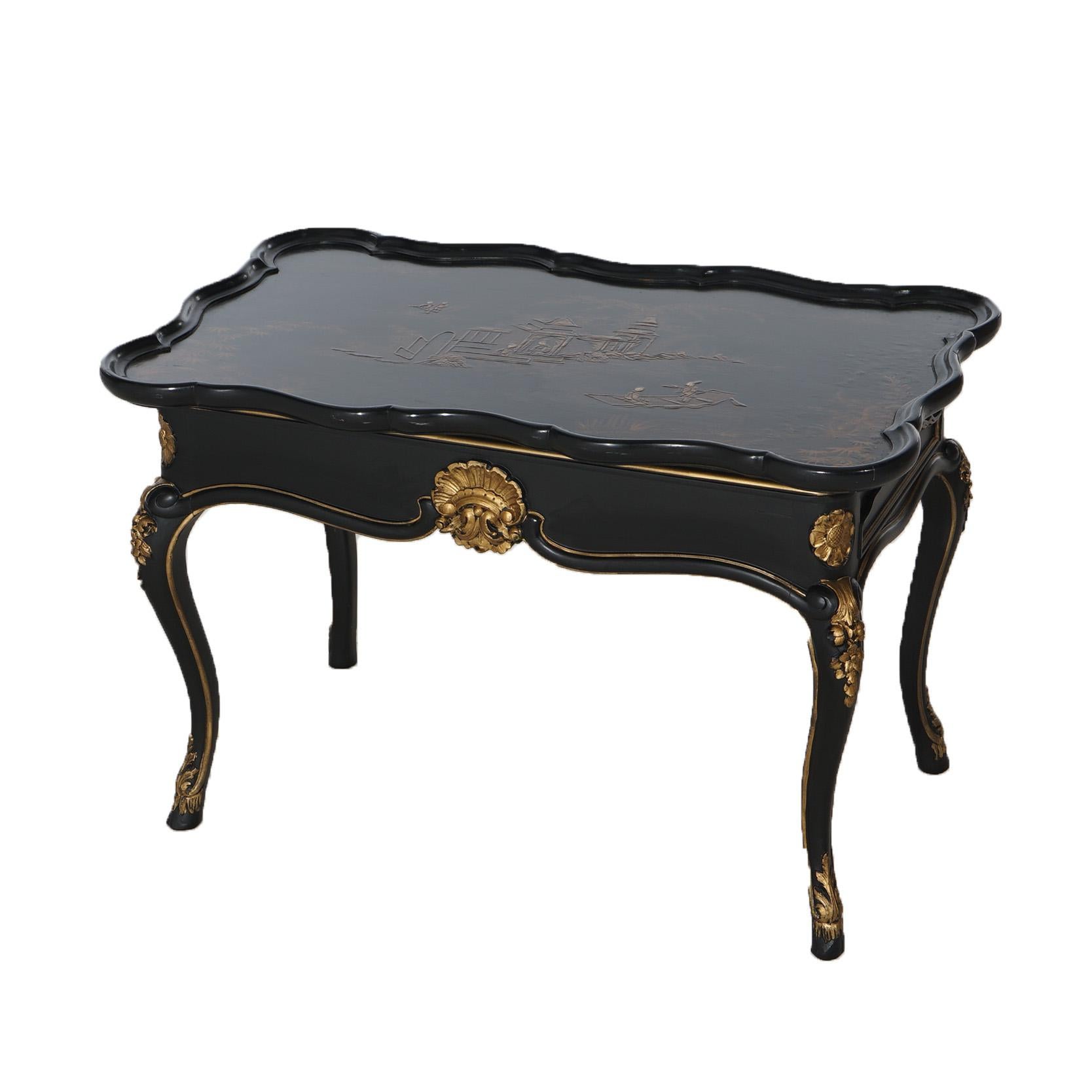 Wood  Antique French Style Chinoiserie Gilt Decorated Ebonized Low Tea Table C1930