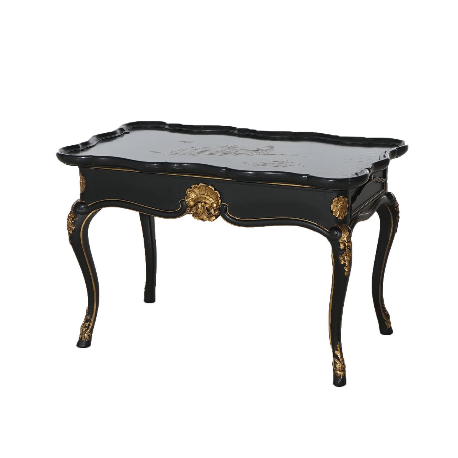  Antique French Style Chinoiserie Gilt Decorated Ebonized Low Tea Table C1930 1