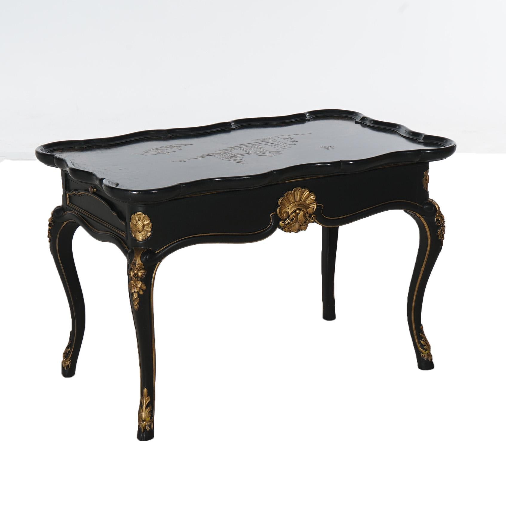  Antique French Style Chinoiserie Gilt Decorated Ebonized Low Tea Table C1930 2
