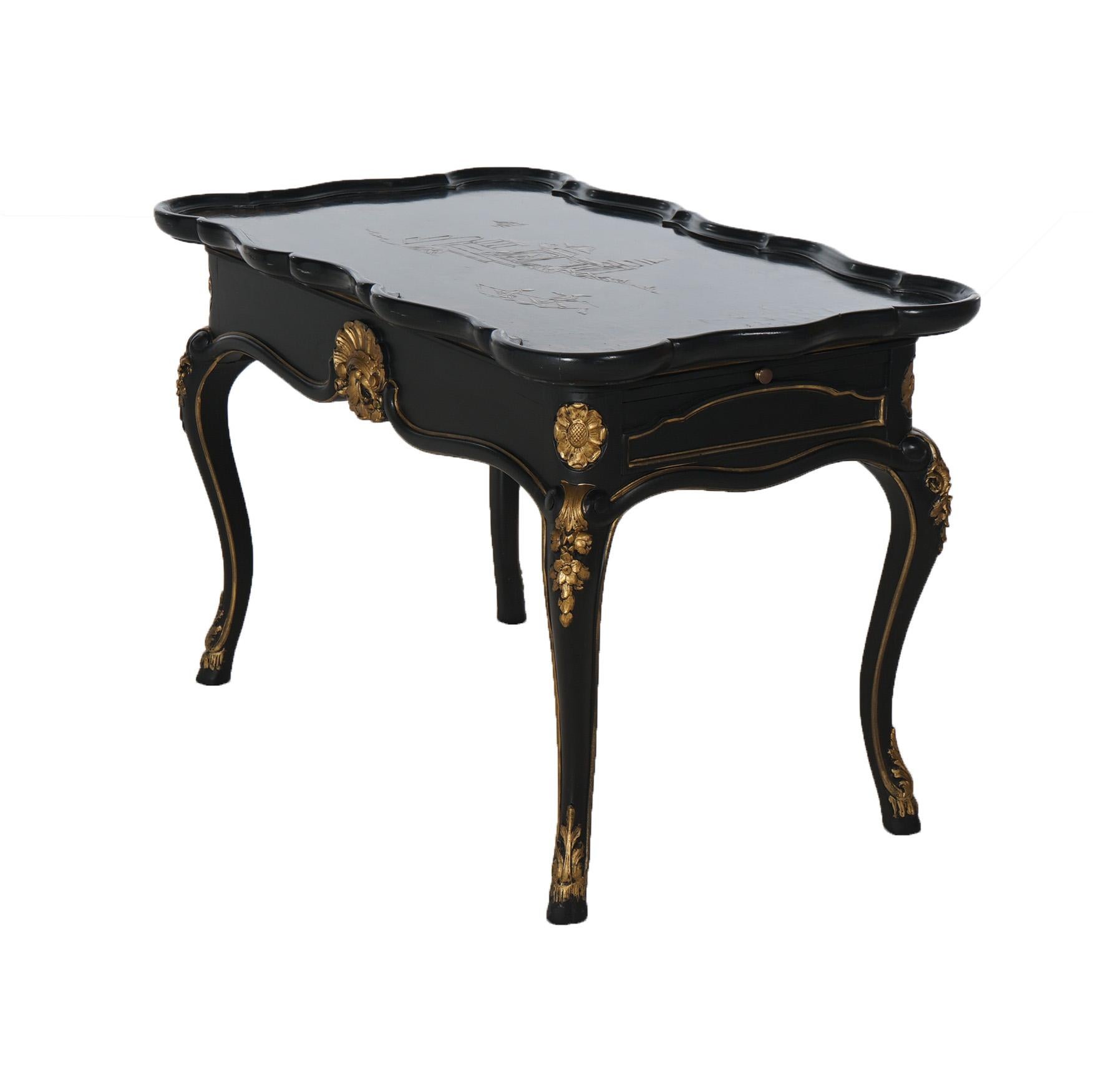  Antique French Style Chinoiserie Gilt Decorated Ebonized Low Tea Table C1930 3