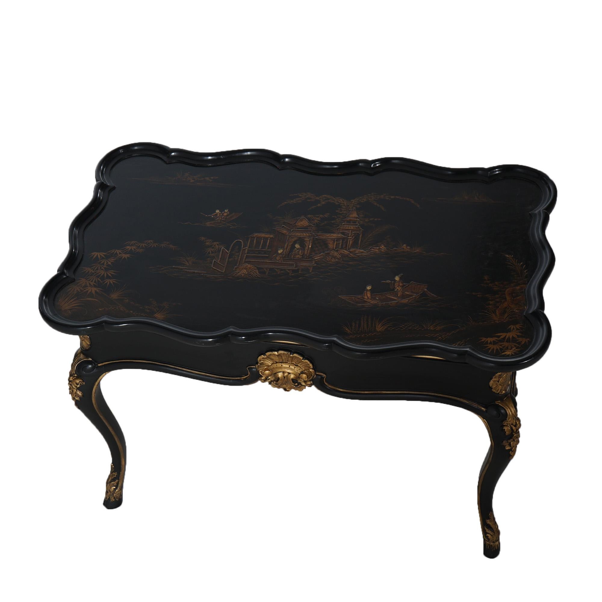  Antique French Style Chinoiserie Gilt Decorated Ebonized Low Tea Table C1930 4