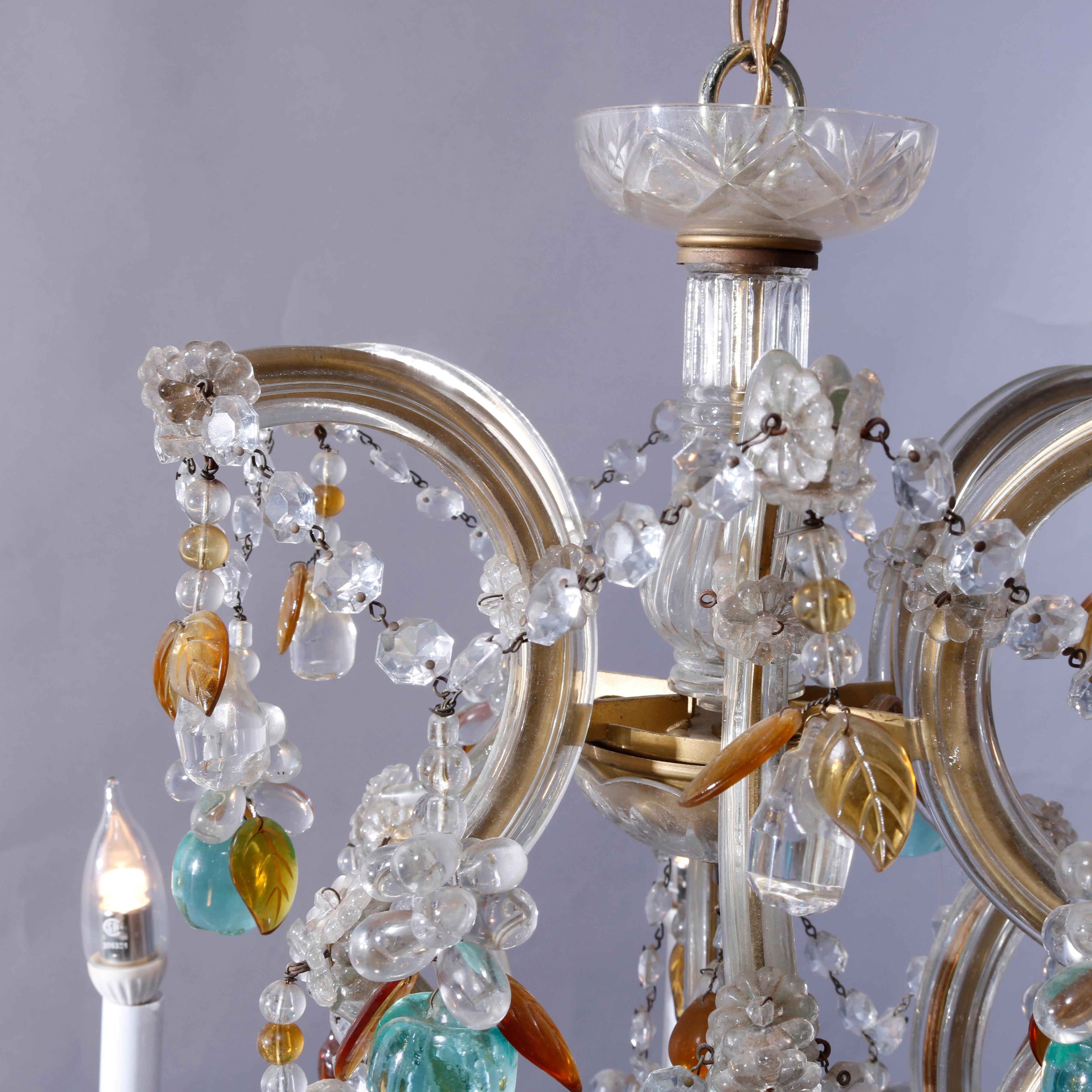 Antique French Style Crystal Chandelier with Polychromed Prisms, circa 1940 5