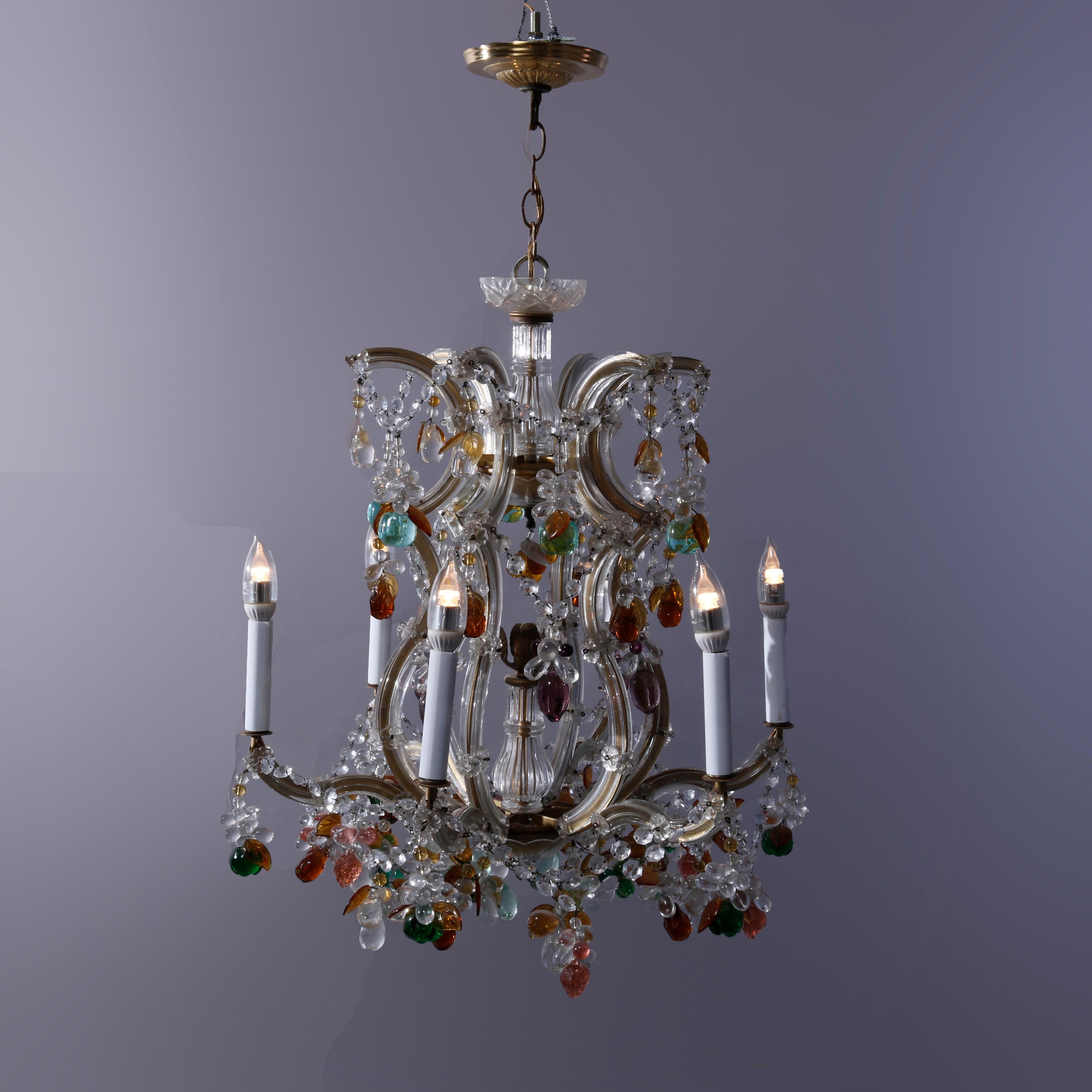 American Antique French Style Crystal Chandelier with Polychromed Prisms, circa 1940