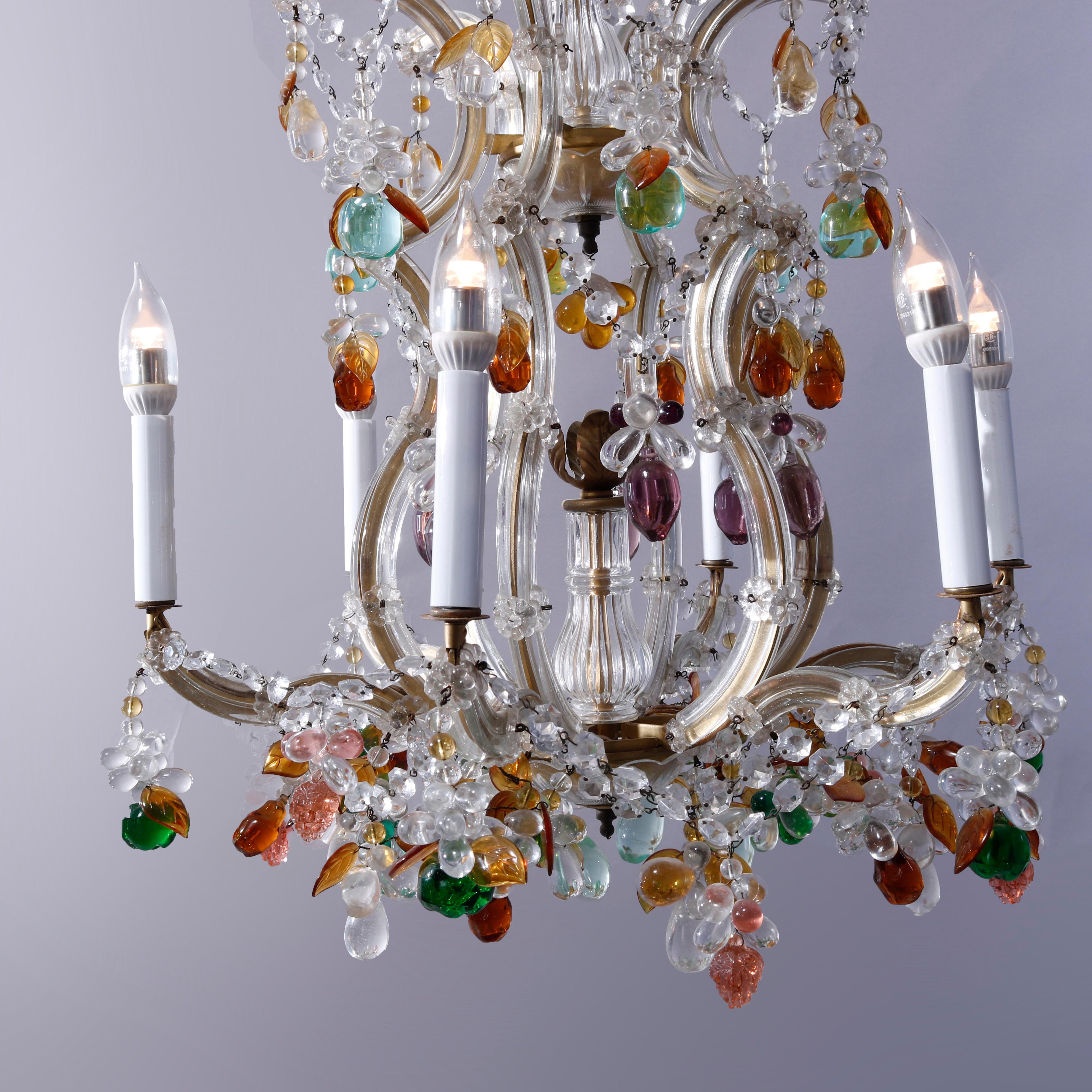 Antique French Style Crystal Chandelier with Polychromed Prisms, circa 1940 In Good Condition In Big Flats, NY