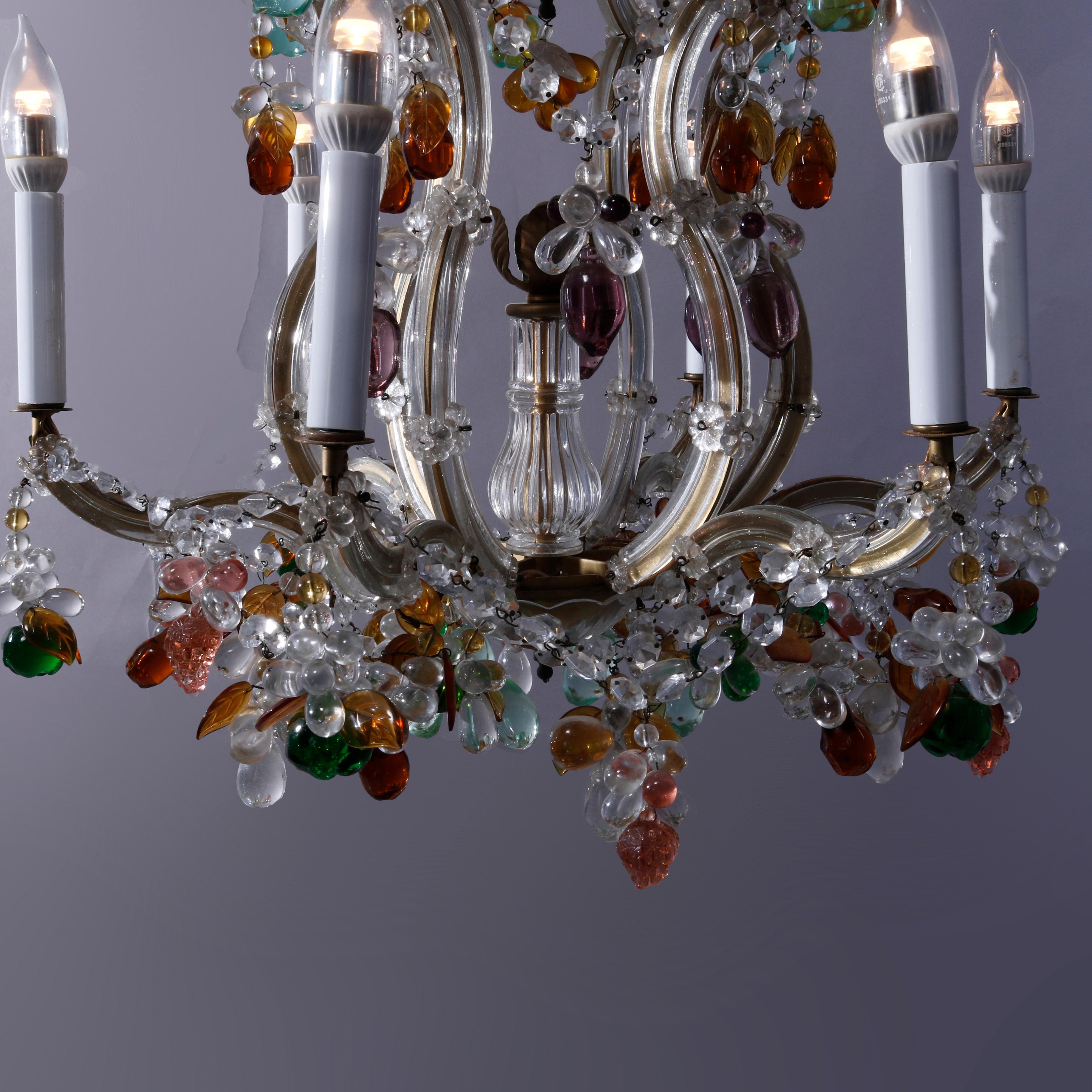 Antique French Style Crystal Chandelier with Polychromed Prisms, circa 1940 1