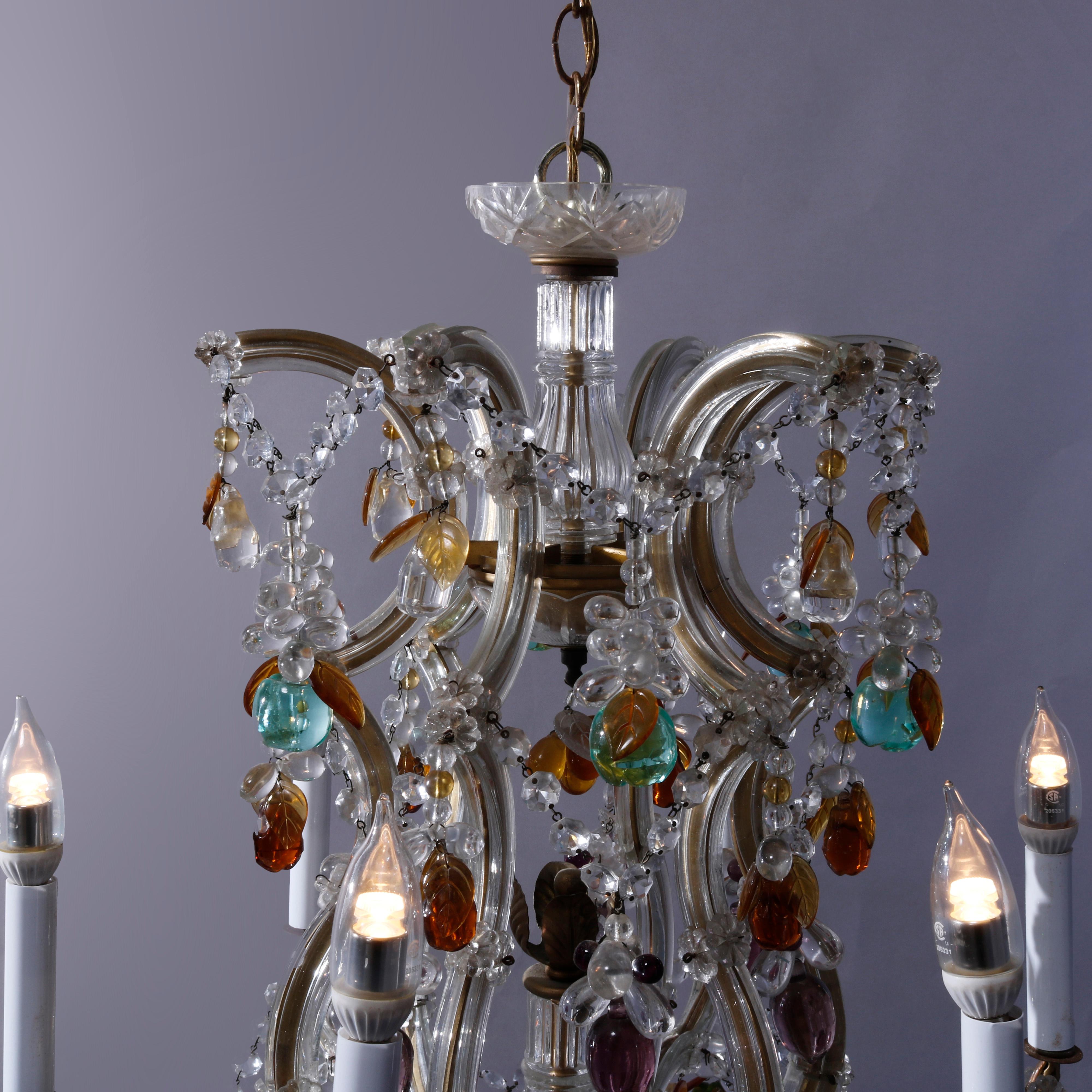 Antique French Style Crystal Chandelier with Polychromed Prisms, circa 1940 2