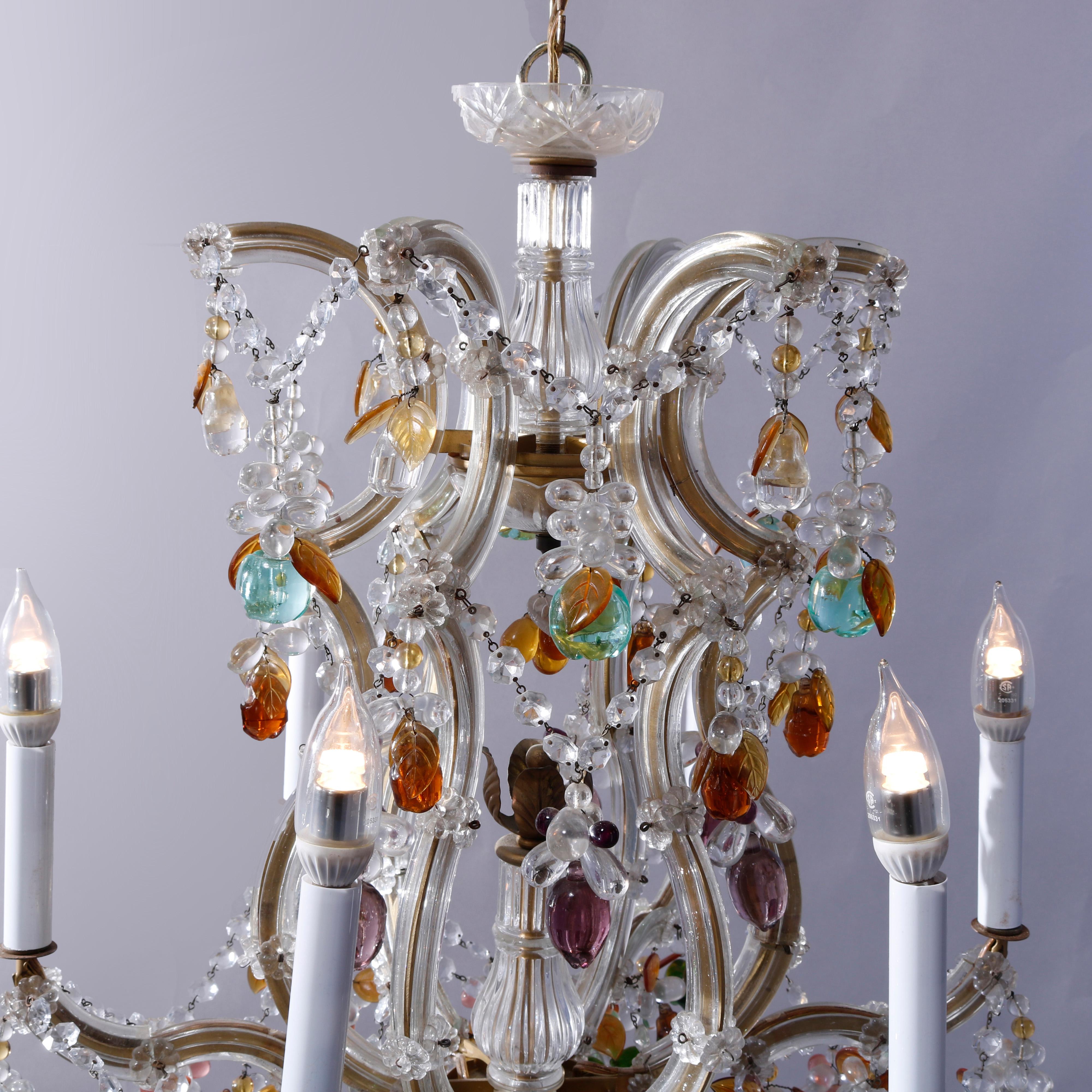 Antique French Style Crystal Chandelier with Polychromed Prisms, circa 1940 3