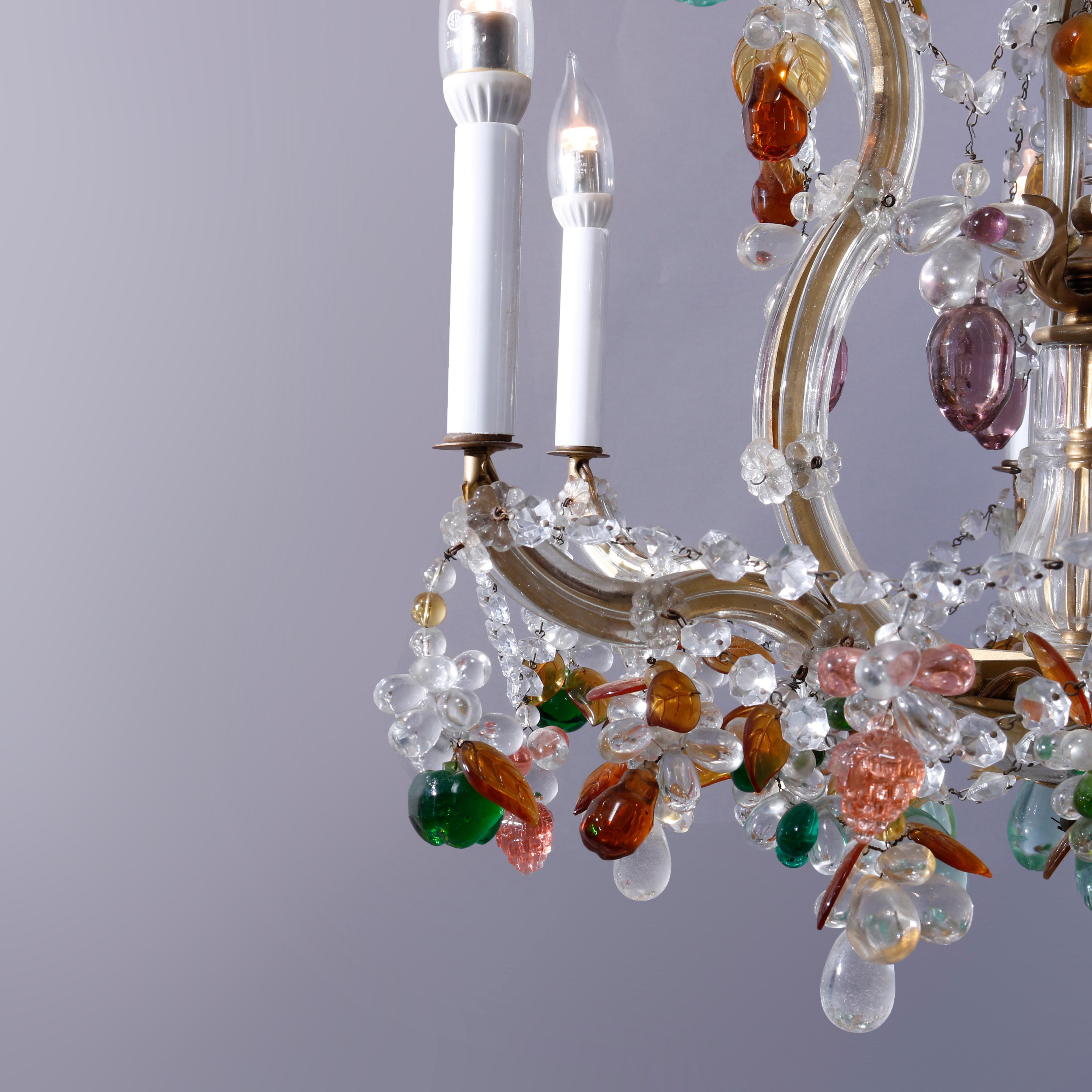 Antique French Style Crystal Chandelier with Polychromed Prisms, circa 1940 4