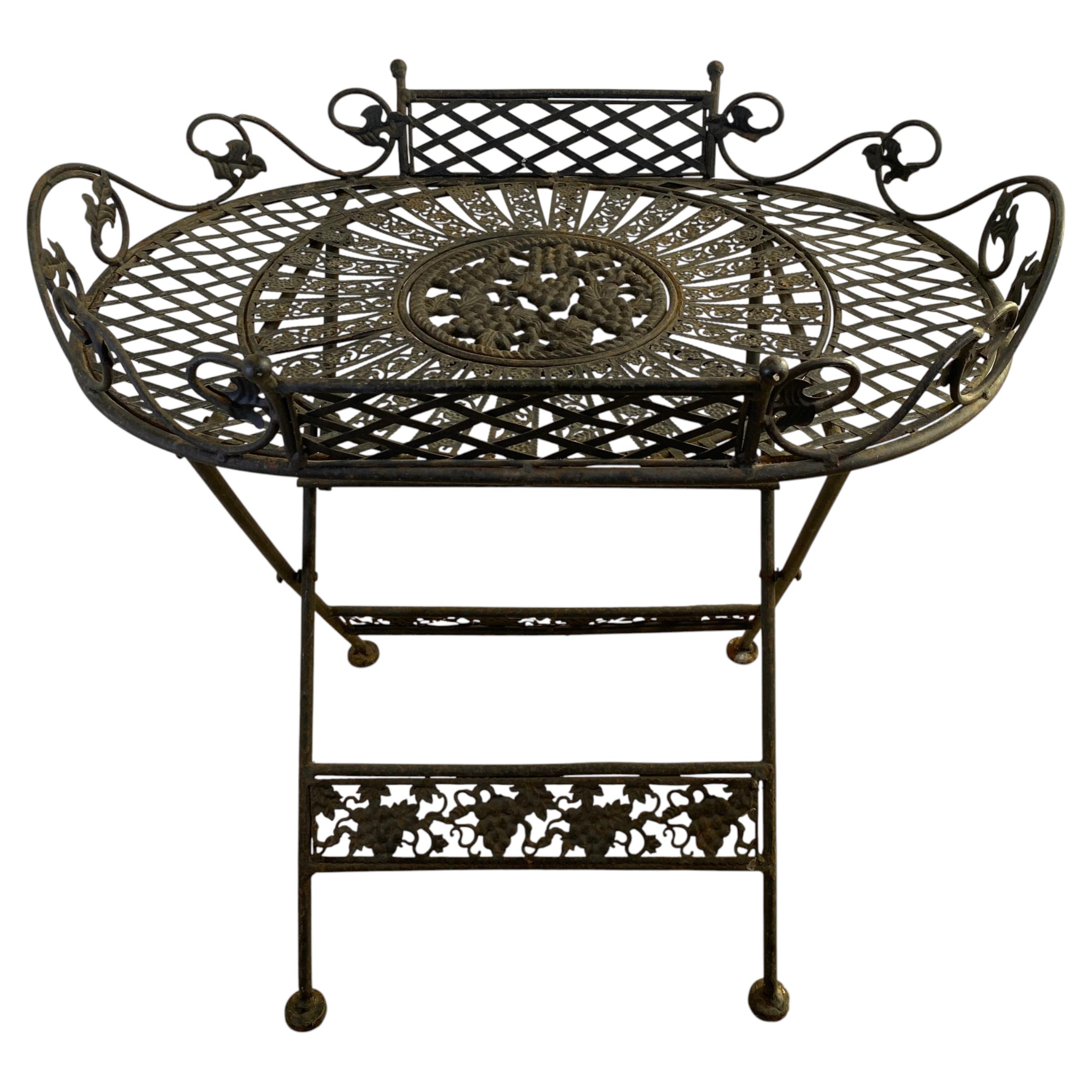 Antique French Style Folding Wrought Iron Garden Table with Grapevine Motif