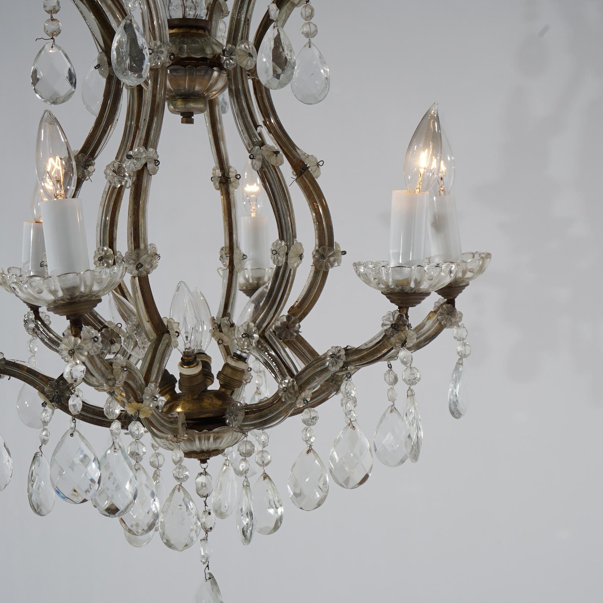 Antique French Style Gilt Metal & Crystal Chandelier Circa 1940 For Sale 5