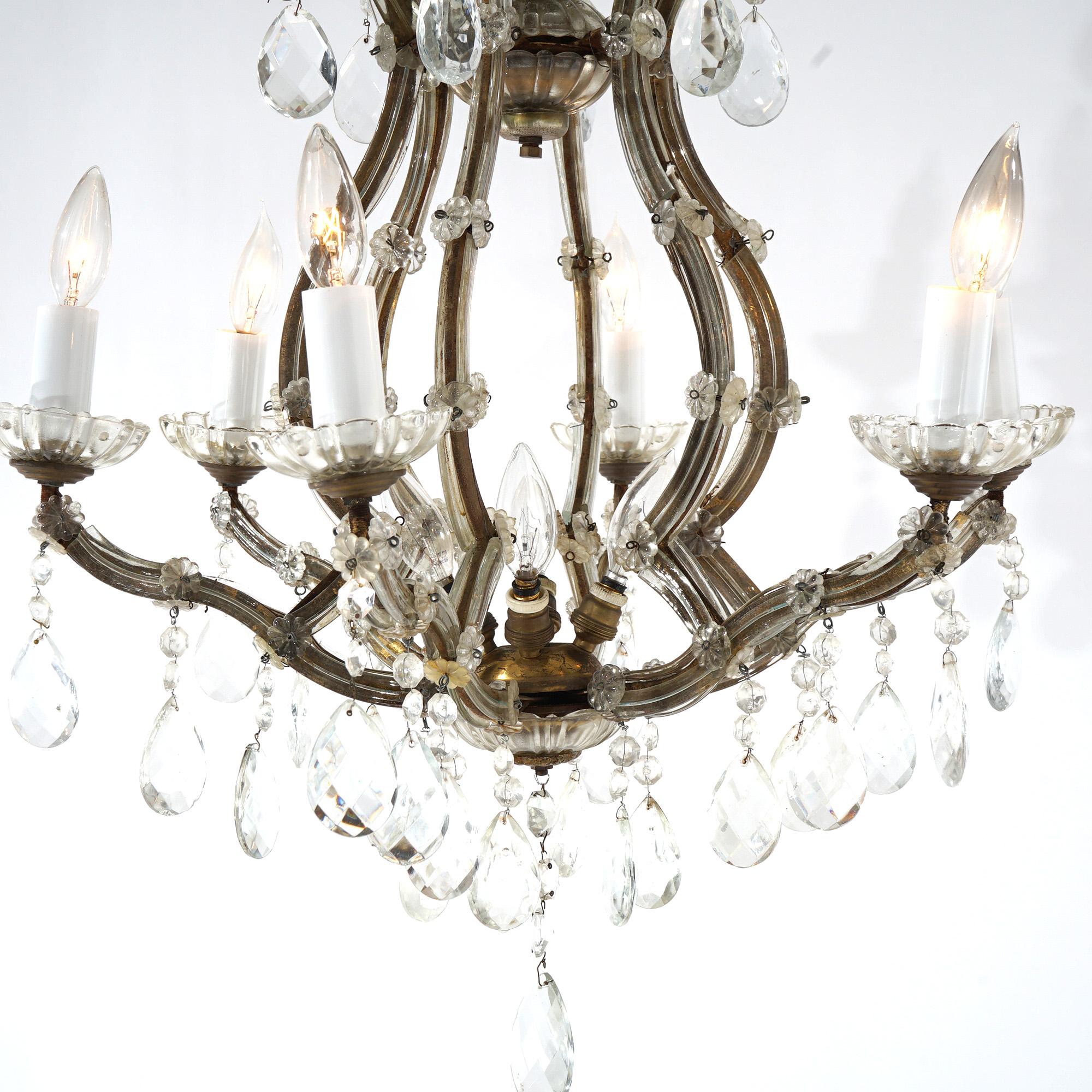 Antique French Style Gilt Metal & Crystal Chandelier Circa 1940 For Sale 6