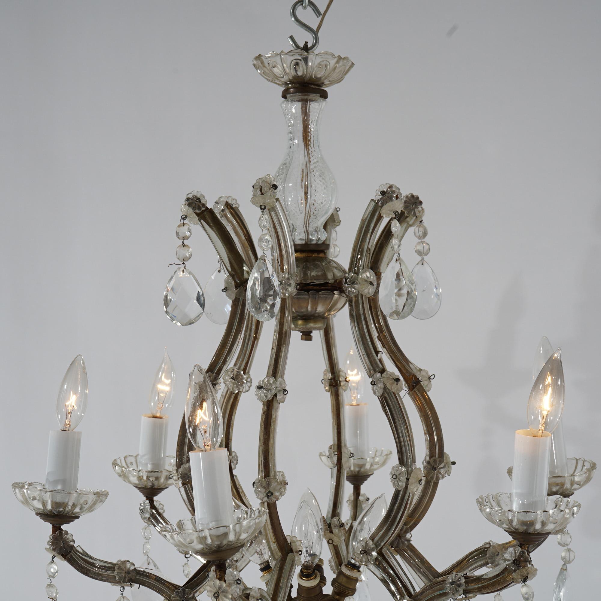 Antique French Style Gilt Metal & Crystal Chandelier Circa 1940 For Sale 7