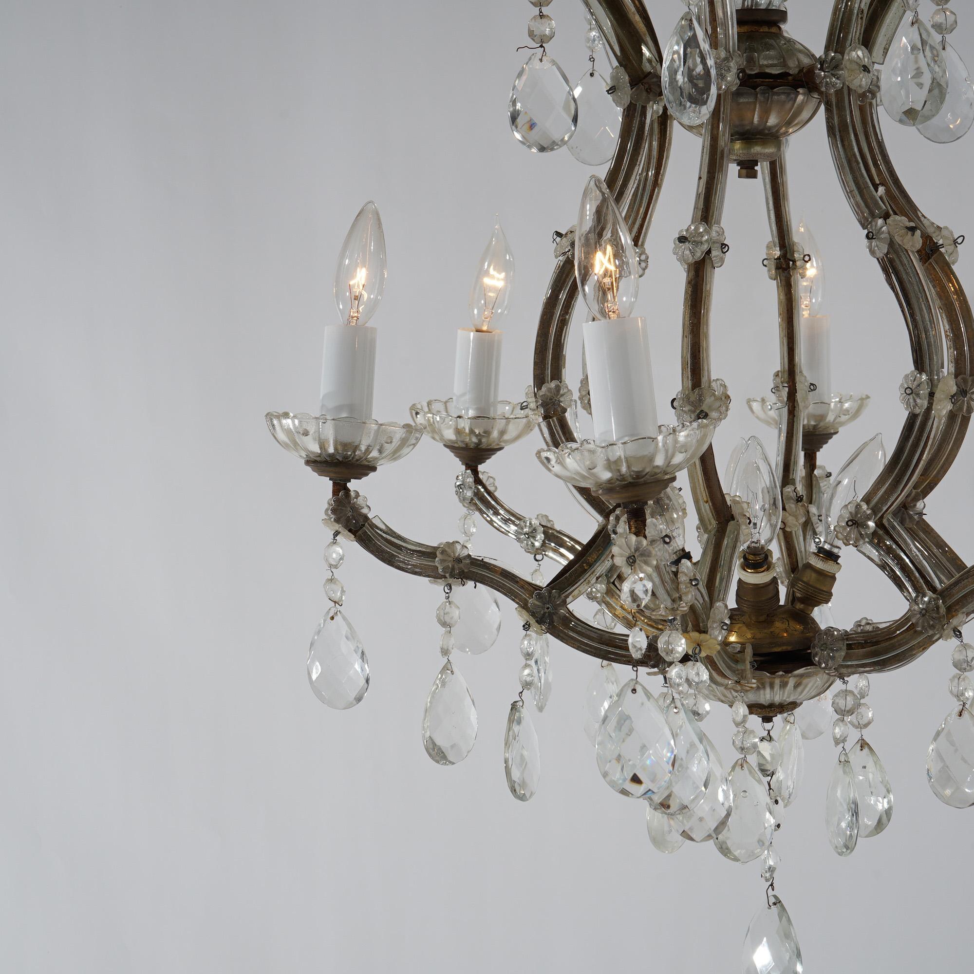 Antique French Style Gilt Metal & Crystal Chandelier Circa 1940 For Sale 8