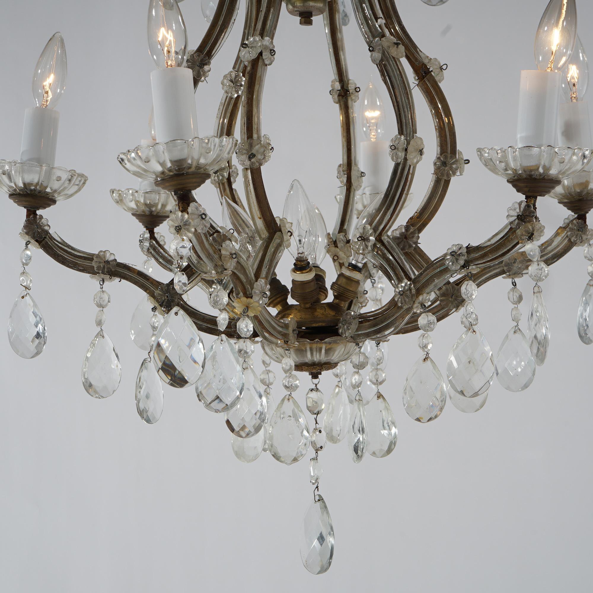 Antique French Style Gilt Metal & Crystal Chandelier Circa 1940 For Sale 9