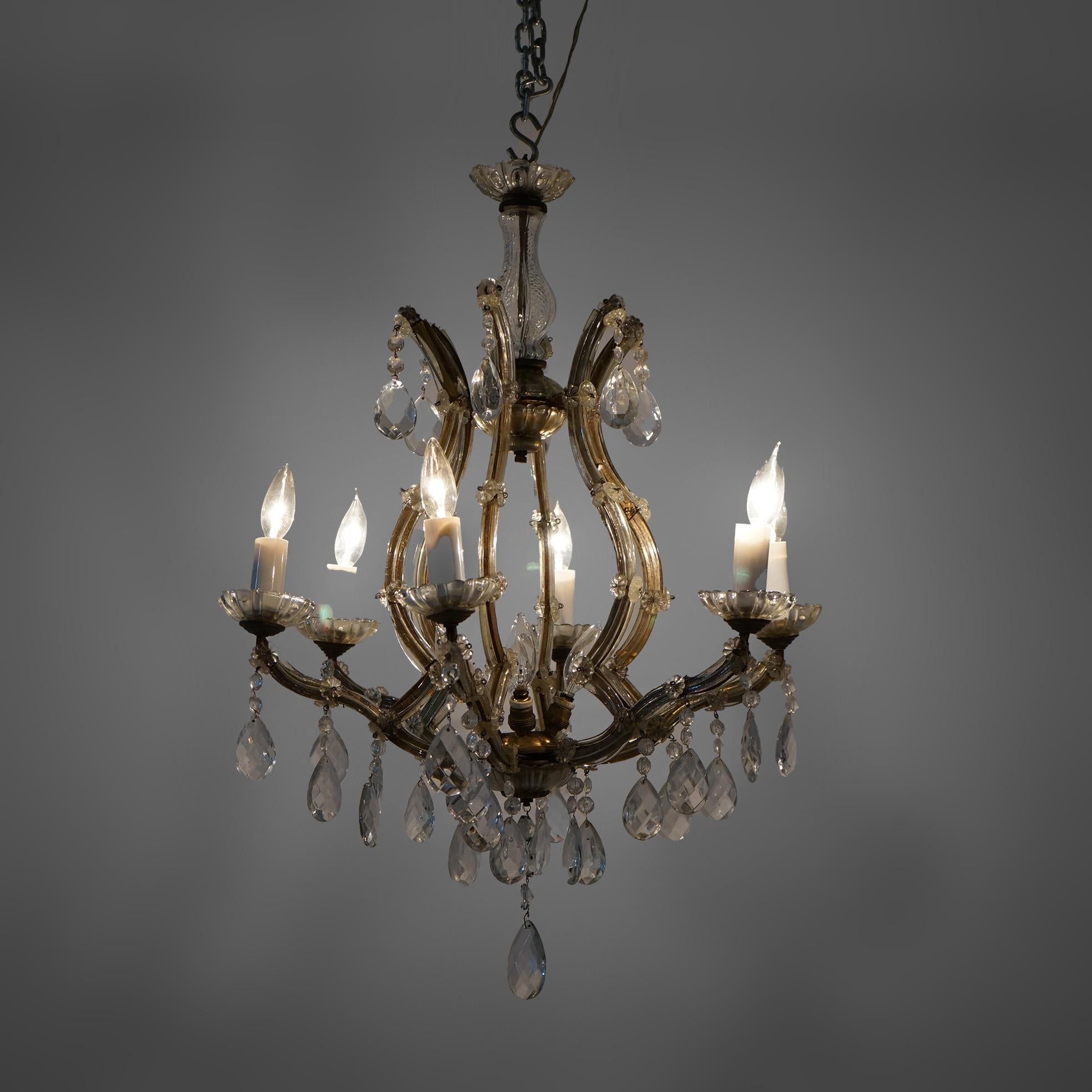 American Antique French Style Gilt Metal & Crystal Chandelier Circa 1940 For Sale